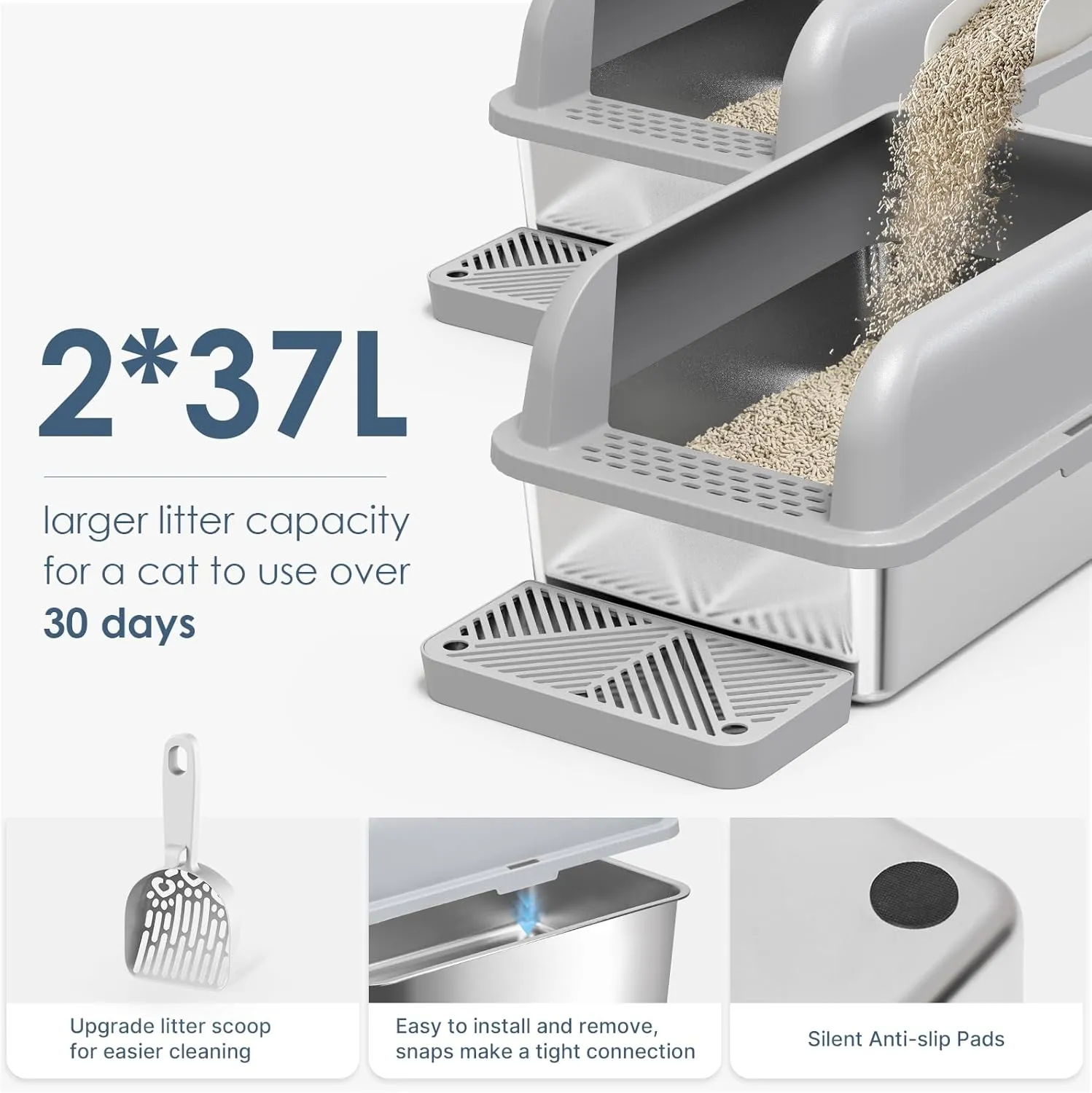 2 Pack XL Stainless Steel Litter Box Enclosure with Lid, Stainless Steel Cat Litter Pan for Big Cats, Large Metal Litter Box with Anti-Leakage High Wall, Non-Sticky Easy Cleaning Cat Litter Tray