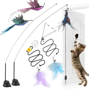 4-in-1 Interactive Cat Wand Feather Toys,Wand Self-Holding Suction Cups Base,Include Detachable 2 Simulation Bird Toy and 3 Feathers Toys,2 Types Hanging Door Kitten Toy (Medium, Hummingbird Set)