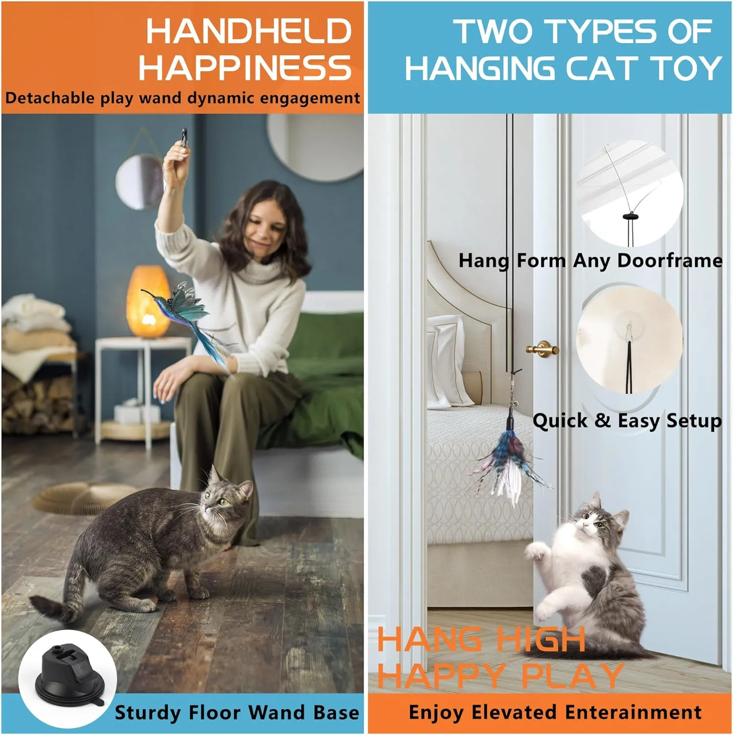 4-in-1 Interactive Cat Wand Feather Toys,Wand Self-Holding Suction Cups Base,Include Detachable 2 Simulation Bird Toy and 3 Feathers Toys,2 Types Hanging Door Kitten Toy (Medium, Hummingbird Set)