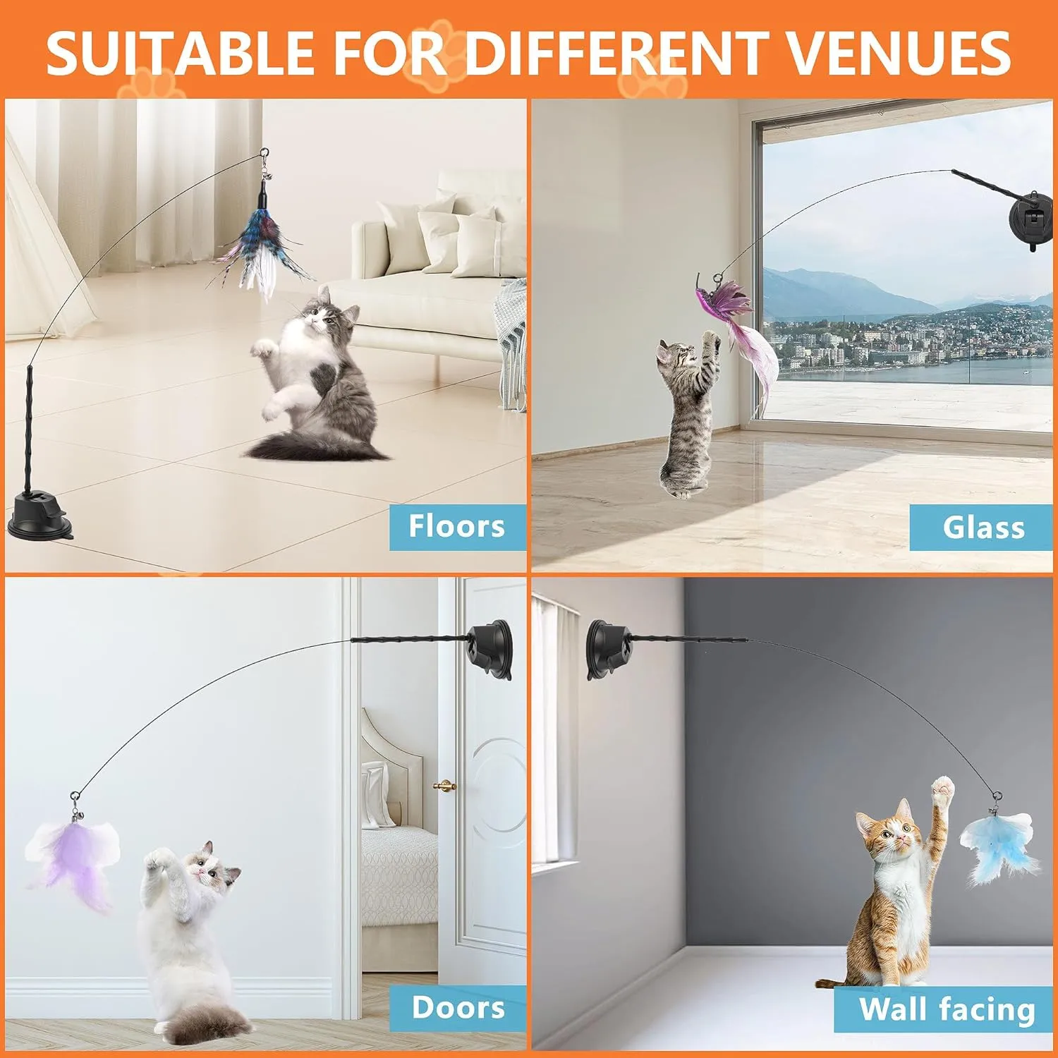 4-in-1 Interactive Cat Wand Feather Toys,Wand Self-Holding Suction Cups Base,Include Detachable 2 Simulation Bird Toy and 3 Feathers Toys,2 Types Hanging Door Kitten Toy (Medium, Hummingbird Set)