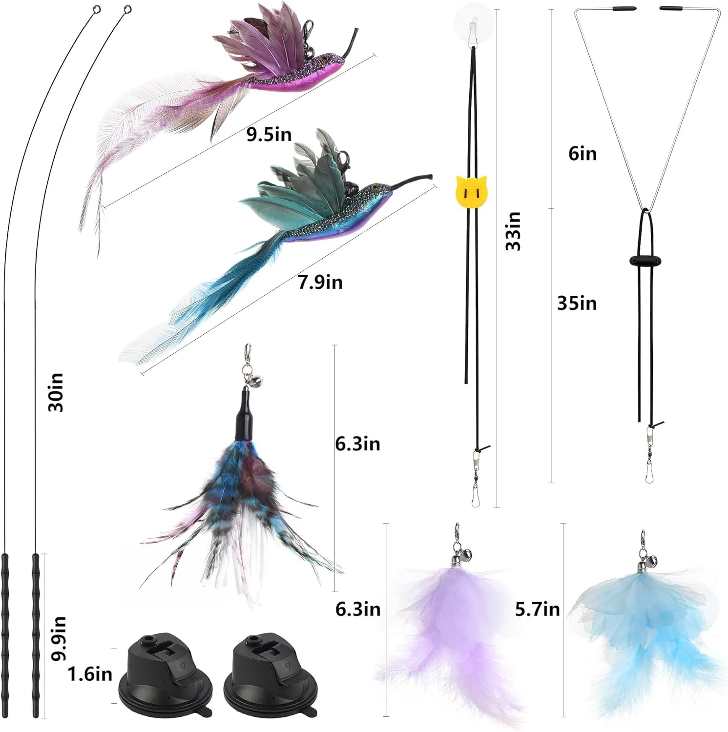 4-in-1 Interactive Cat Wand Feather Toys,Wand Self-Holding Suction Cups Base,Include Detachable 2 Simulation Bird Toy and 3 Feathers Toys,2 Types Hanging Door Kitten Toy (Medium, Hummingbird Set)