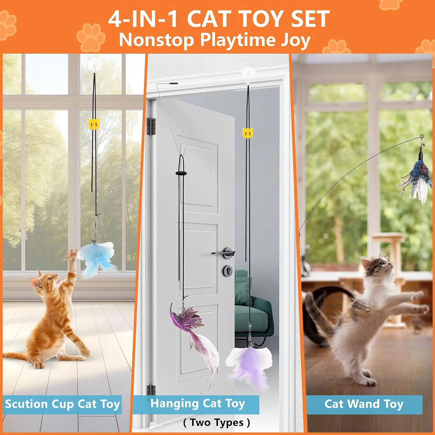 4-in-1 Interactive Cat Wand Feather Toys,Wand Self-Holding Suction Cups Base,Include Detachable 2 Simulation Bird Toy and 3 Feathers Toys,2 Types Hanging Door Kitten Toy (Medium, Hummingbird Set)