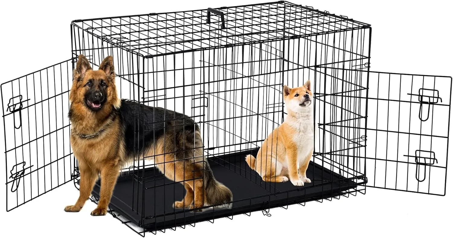 48 Inch Extra Large Dog Crates for Medium Dogs Double-Door Folding XXL Dog Crates for Large Dogs Indoor/Outdoor Dog Cages for Large Dogs Metal Wire Dog Kennel with Plastic Tray and Handle(Black)