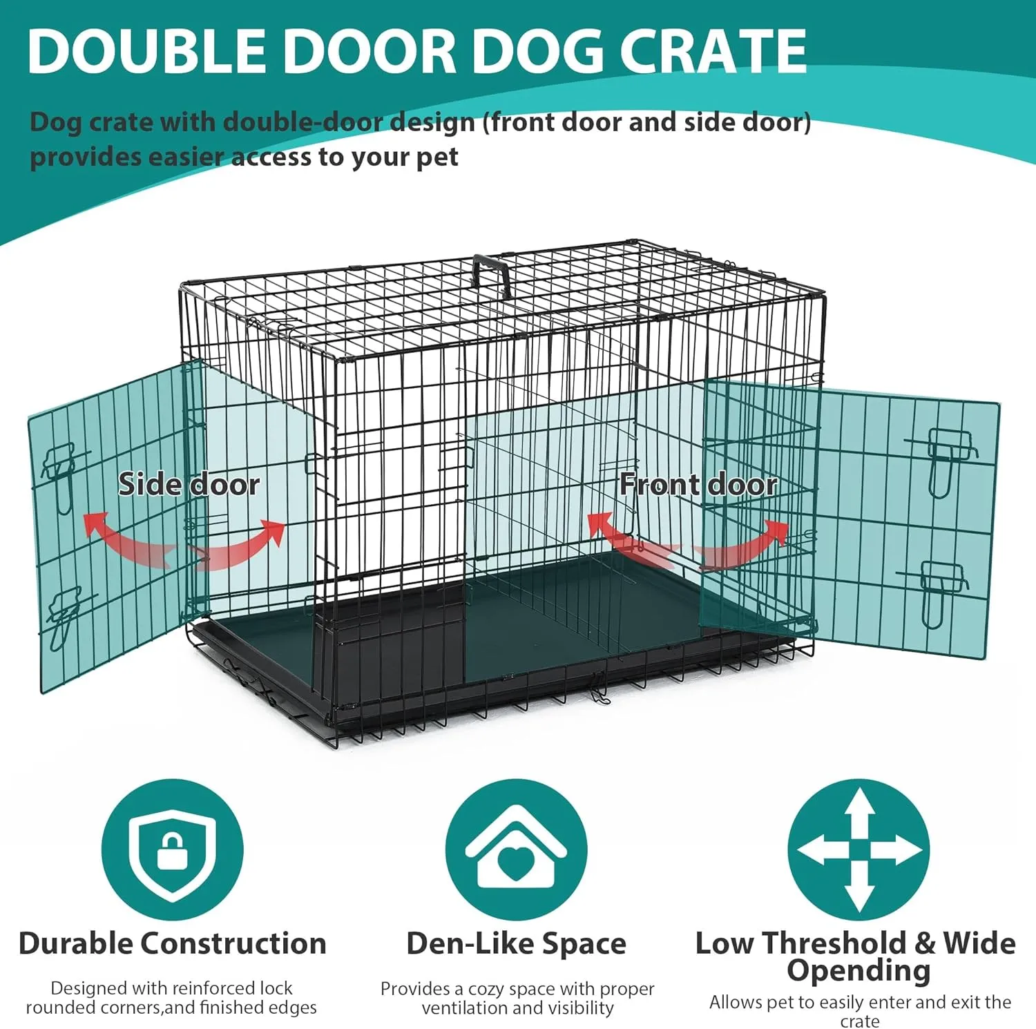 48 Inch Extra Large Dog Crates for Medium Dogs Double-Door Folding XXL Dog Crates for Large Dogs Indoor/Outdoor Dog Cages for Large Dogs Metal Wire Dog Kennel with Plastic Tray and Handle(Black)