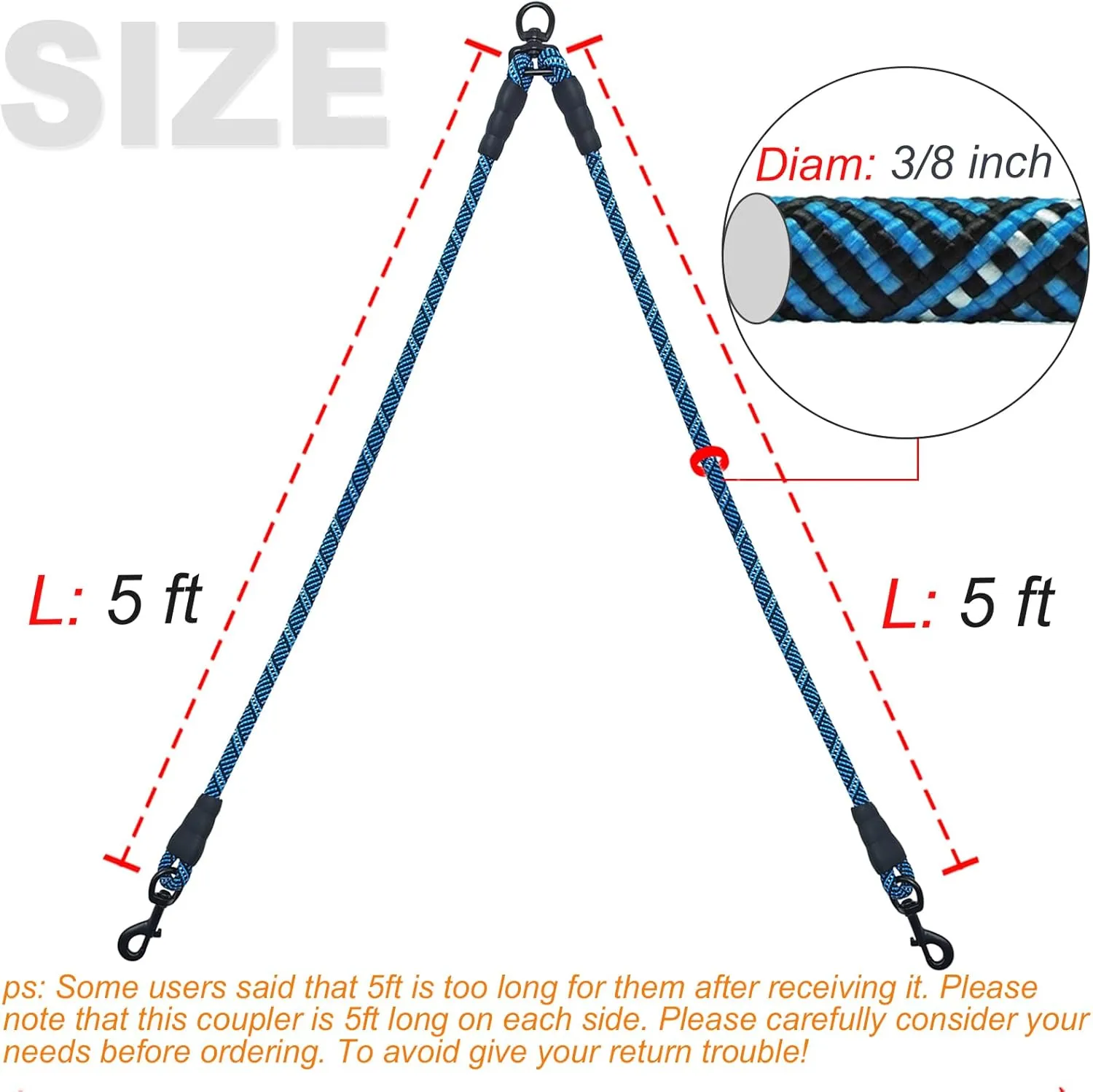 5 FT Double Dog Leash Coupler, Extension Rope for Two Dogs Walking, No Tangle Dual Strong 2 Dogs Lead Long Splitter, for Large Strong Medium Dogs (3/8" X 1.5m -Blue)