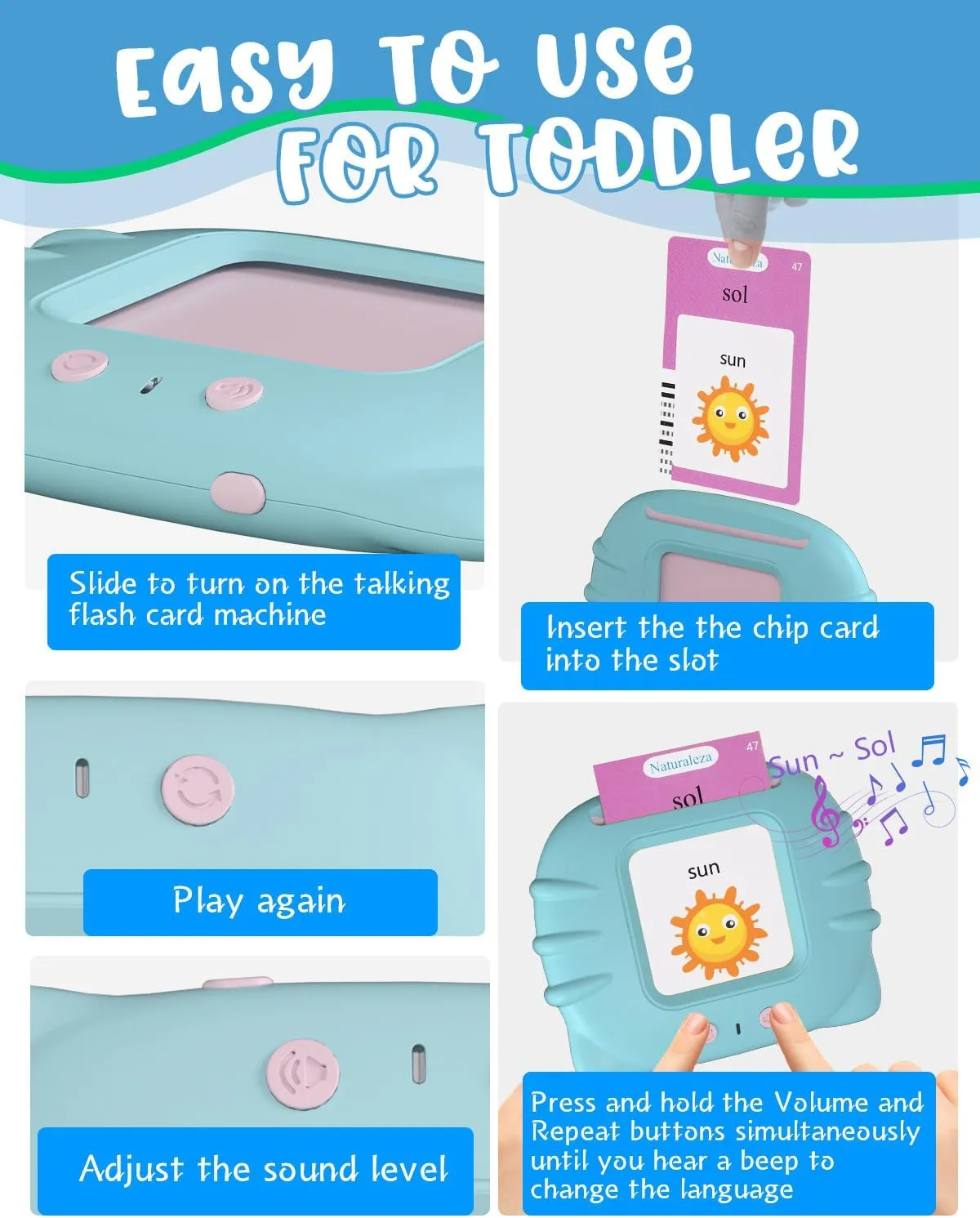 510 Words Spanish English Bilingual Talking Flash Cards for Toddlers 1-3, Pocket Speech Learning Montessori Toys for Kids, Autism Sensory Therapy Preschool Educational Birthday Gifts for Boys Girls