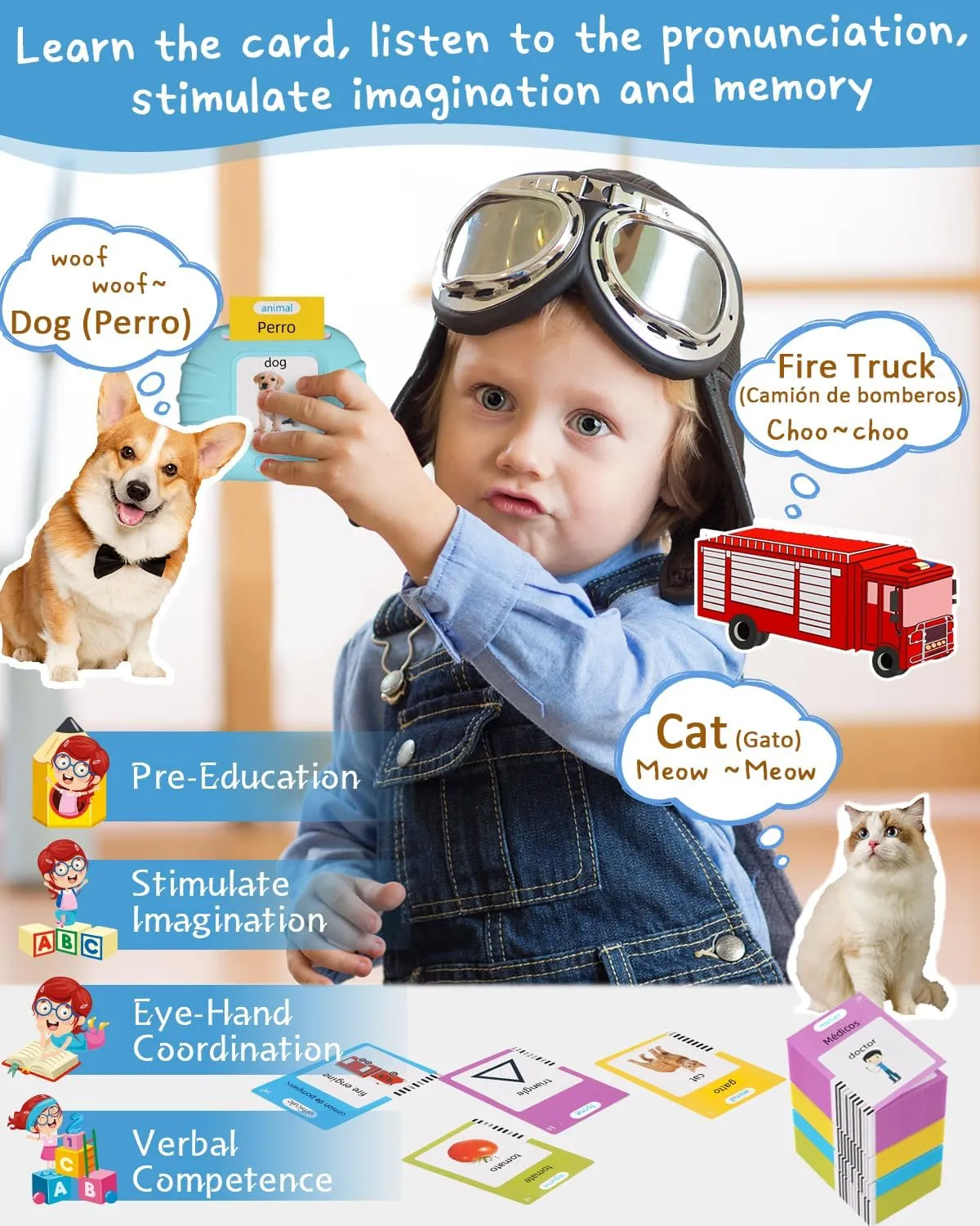 510 Words Spanish English Bilingual Talking Flash Cards for Toddlers 1-3, Pocket Speech Learning Montessori Toys for Kids, Autism Sensory Therapy Preschool Educational Birthday Gifts for Boys Girls