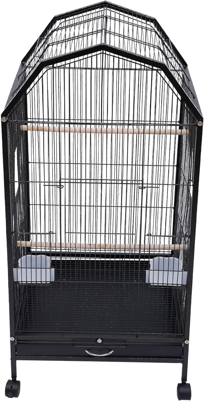 53-Inch Wrought Iron Bird Cage with Rolling Stand, Wrought Iron Large Black Parrot Cage for Cockatiels, Conures, Lovebirds, and Parakeets Includes Feeding Cups, Universal Wheels