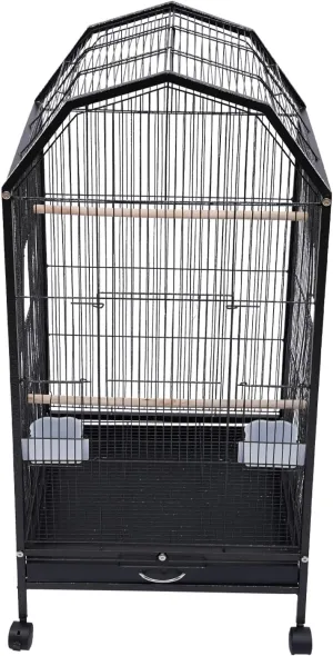 53-Inch Wrought Iron Bird Cage with Rolling Stand, Wrought Iron Large Black Parrot Cage for Cockatiels, Conures, Lovebirds, and Parakeets Includes Feeding Cups, Universal Wheels