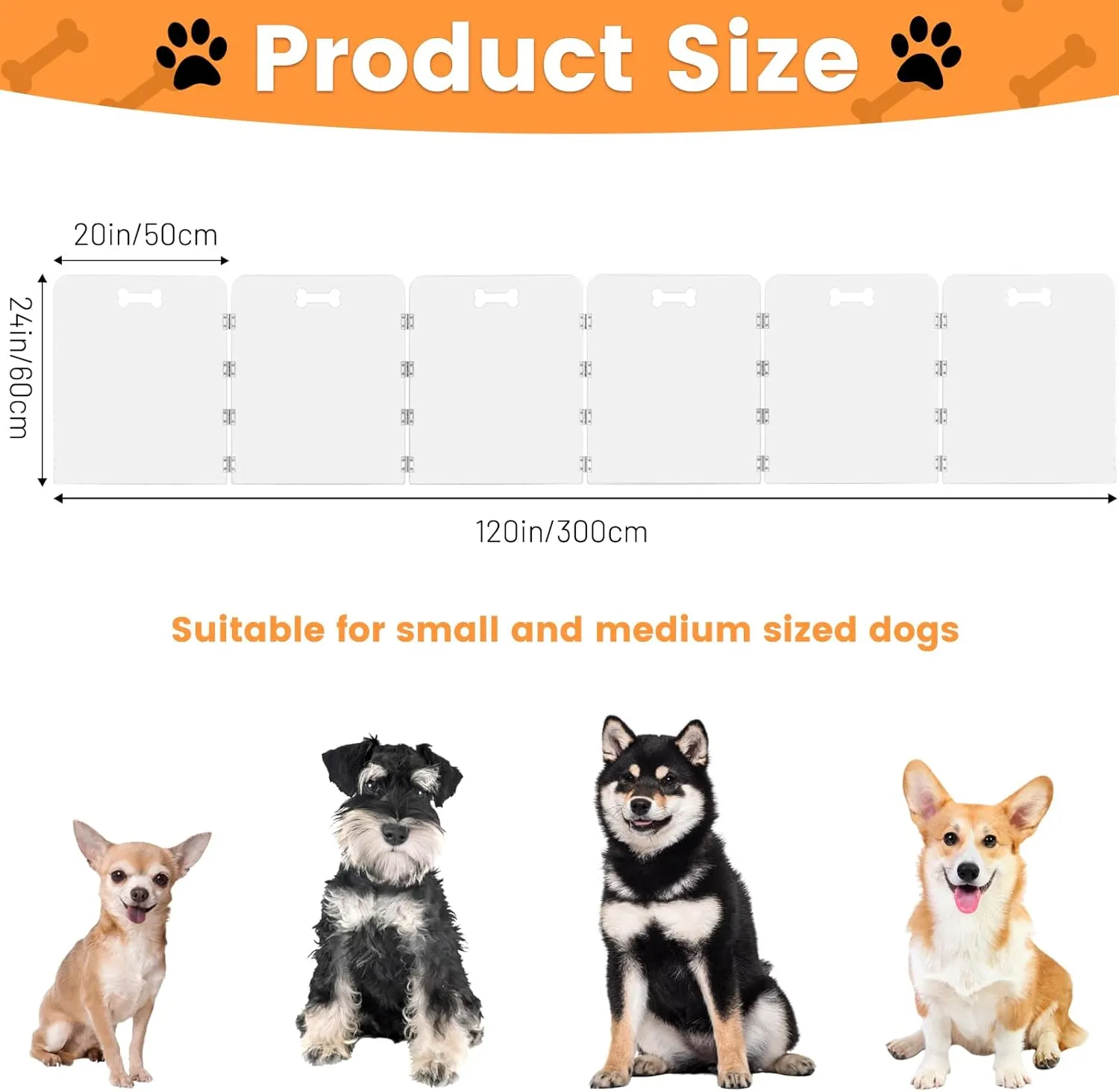Acrylic Dog Playpen for House 6 Panels 120" W x 24" H Preassemble Foldable Clear Dog Gate Indoor with Handles, Free-Standing Pet Fence for Doorways Dog Pen for Medium Dogs Puppy Cat Rabbit