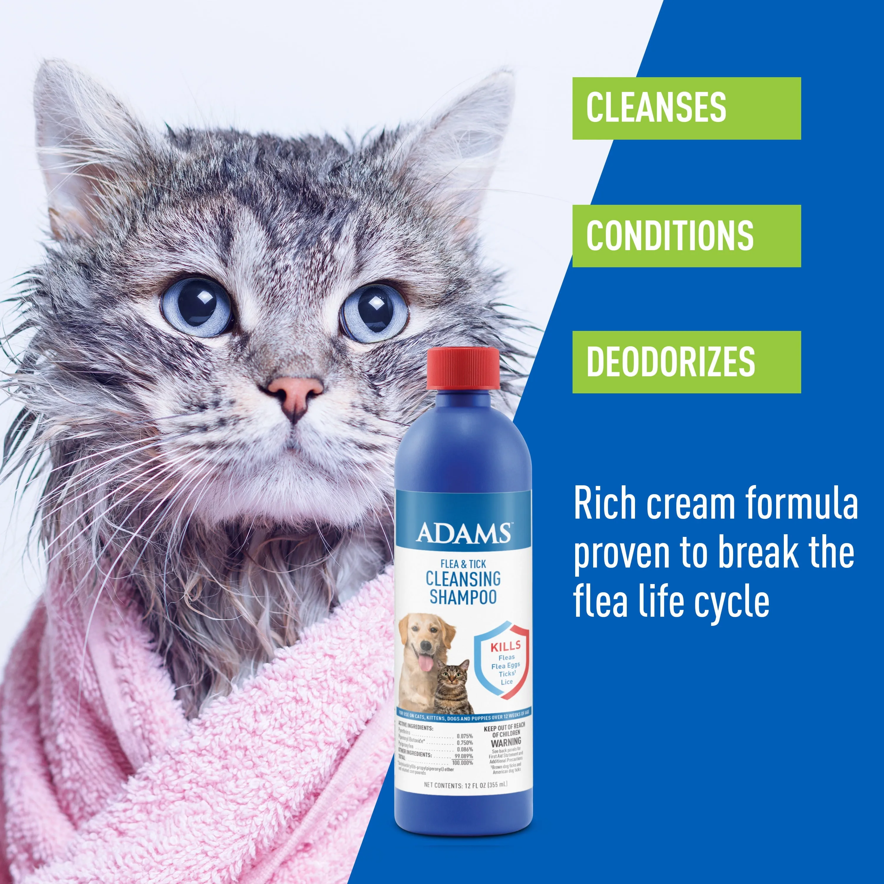 Adams Flea & Tick Cleansing Shampoo for Cats and Dogs, 12 ounces