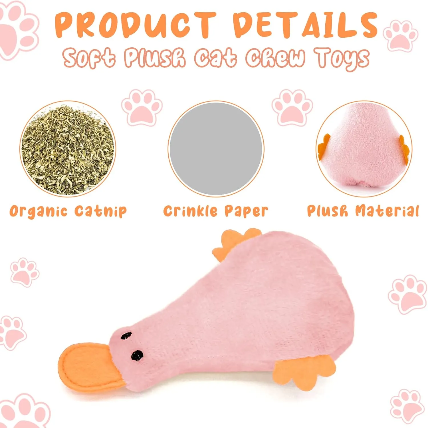Andiker Cat Toys, 3Pcs Plush Cat Chew Toys with Crinkle Paper for Stress Relief, Reduce Boredom, Teething (Duck for Cats)