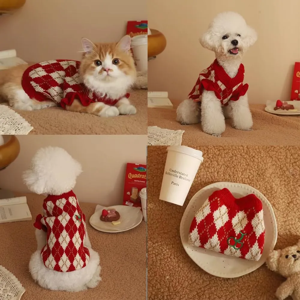 ANIAC Diamond Puppy Sweater for Small Dog Girl Strawberry Turtleneck Cat Knitwear Winter Pet Clothes for Kitten Chihuahua Yorkie (Small, Red)