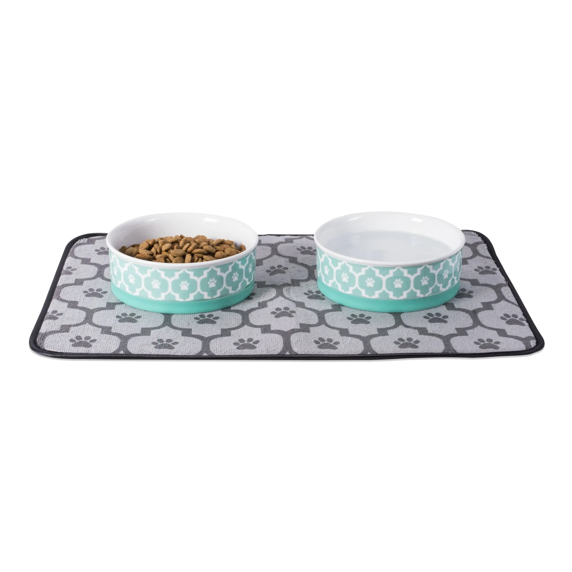 Aqua Lattice Paw Print Pet Bowl Set/2, Medium - 1.5 C. Capacity