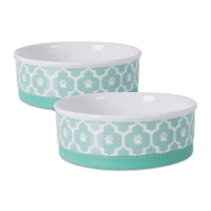 Aqua Lattice Paw Print Pet Bowl Set/2, Medium - 1.5 C. Capacity