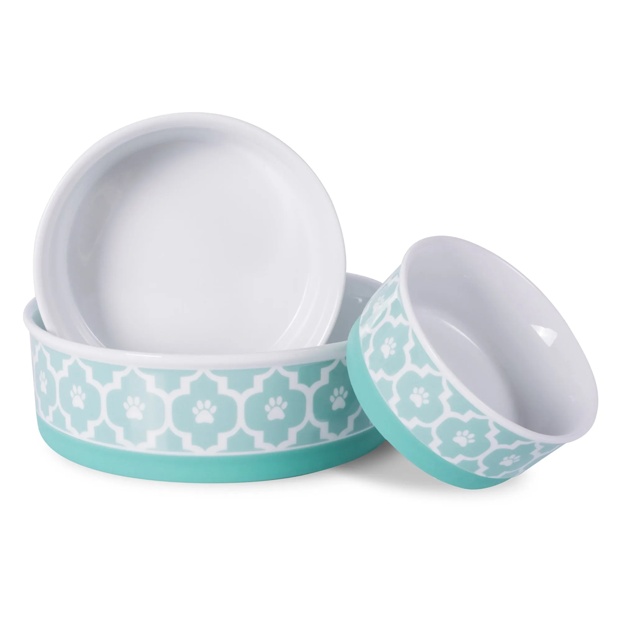 Aqua Lattice Paw Print Pet Bowl Set/2, Medium - 1.5 C. Capacity