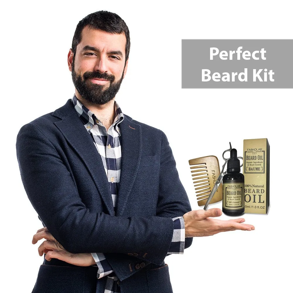 Beard Grooming Kit for Men - Organic Beard Growth - Professional Barber Beard Trimming Set - Beard Brush Beard Oil Wooden Comb Sharp Stainless Steel Scissors - Scented Beard Gift for Him