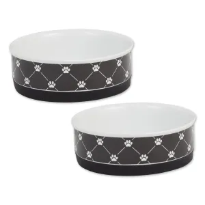 Black Trellis Paw Print Pet Bowl Set of 2, Medium - 1.5 C. Capacity