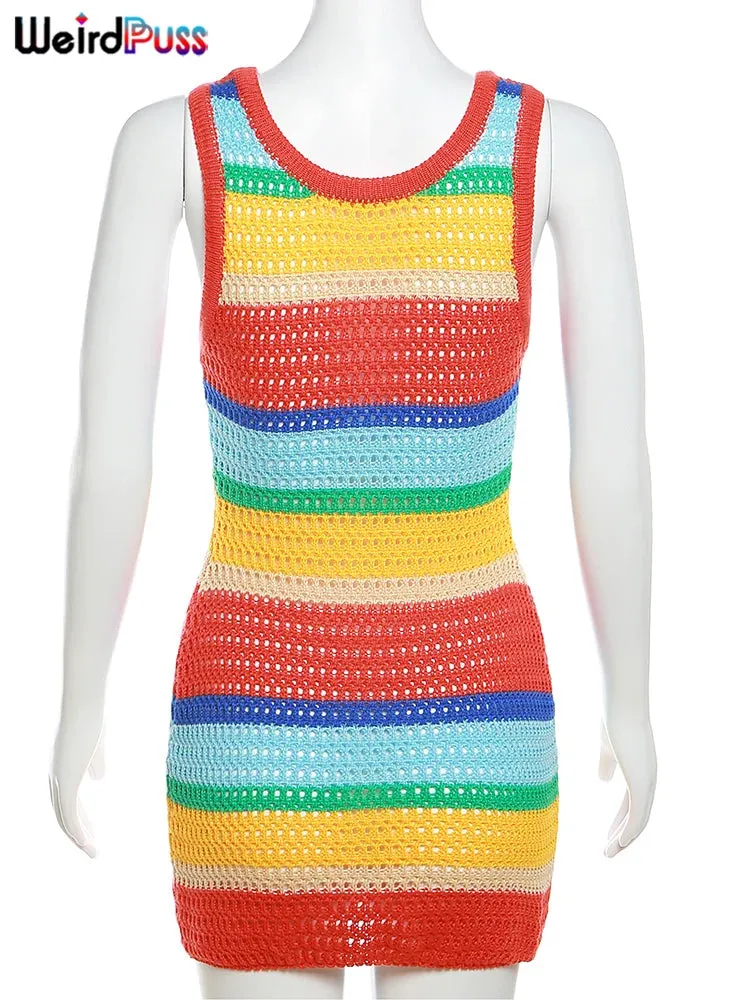 Bodycon Weird Puss Stripes Crochet Women Dress Thick Straps Sleeveless