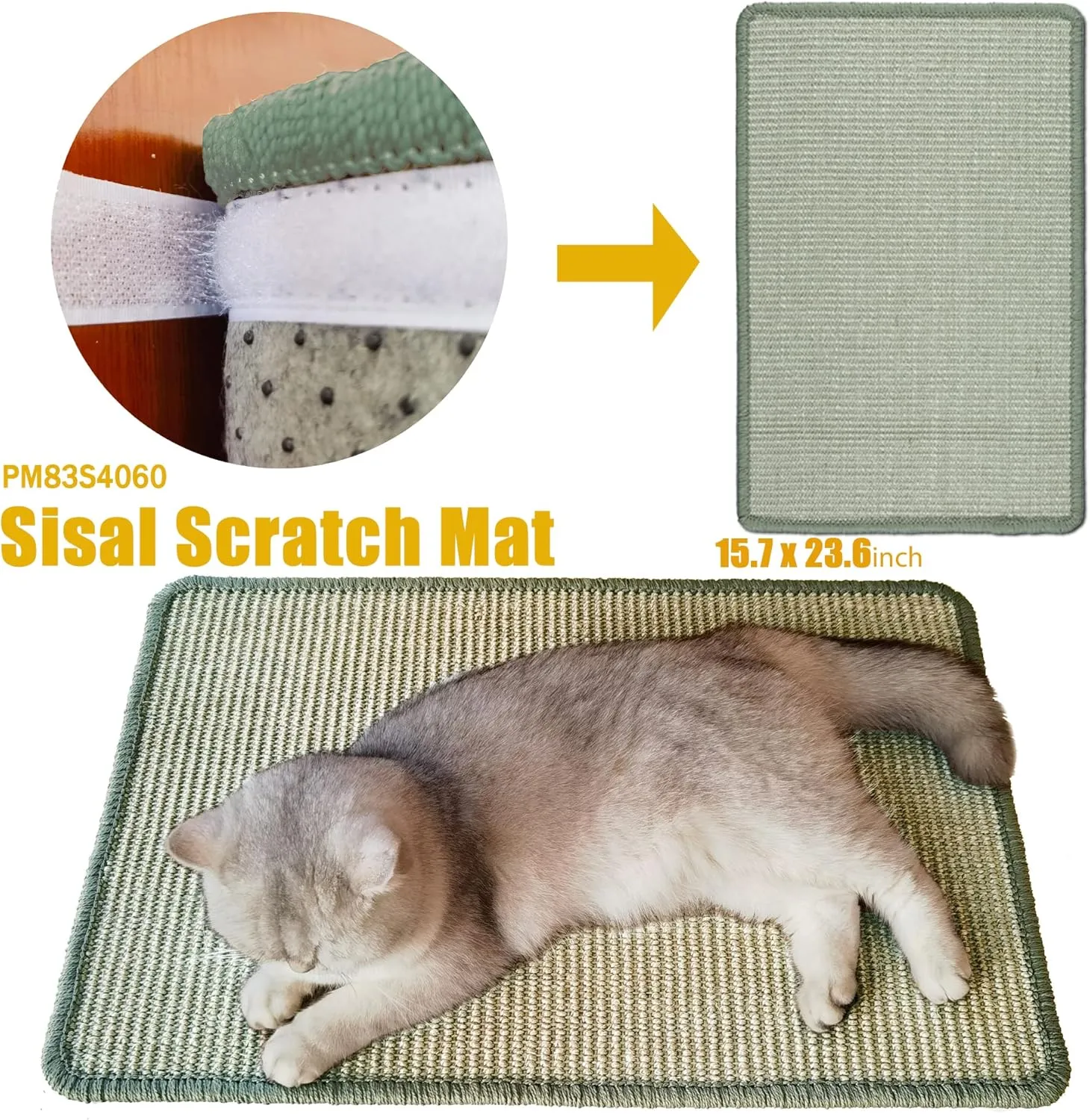 Cat Scratcher Mat,23.6x15.7inch Sisal Cat Scratchers for Indoor Cats with Velcro,Stick on Floor Wall Cat Scratch Pad,Horizontal Cat Scratch Rug Protect Furniture and Sofas (Light Gray)