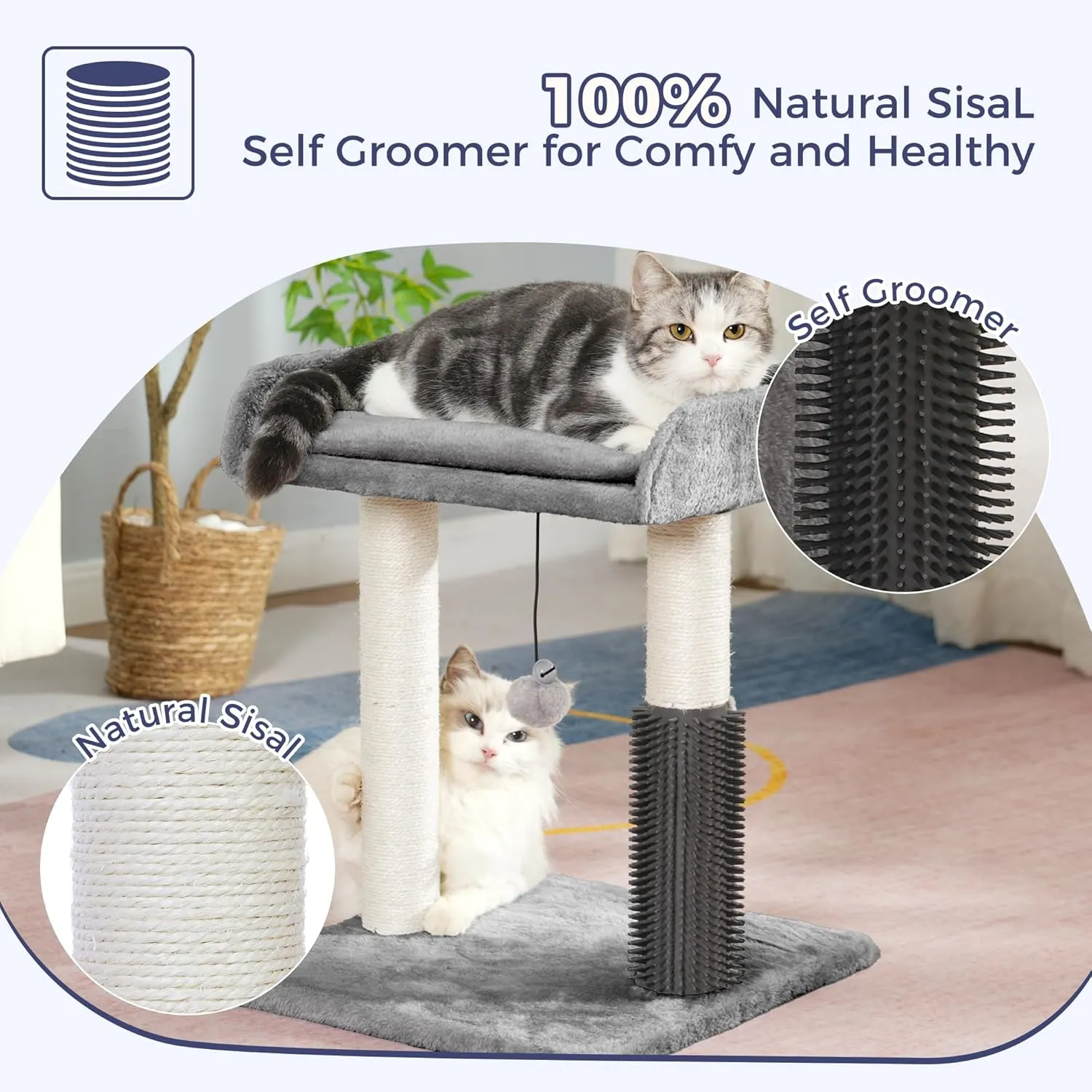 Cat Scratching Post Small Cat Tree with Cat Self Groomer, 15.7x13.7 Wide Top Bed, Natural Scratch Post and Danging Ball Great for Kittens and Average Indoor Cats-Medium Grey