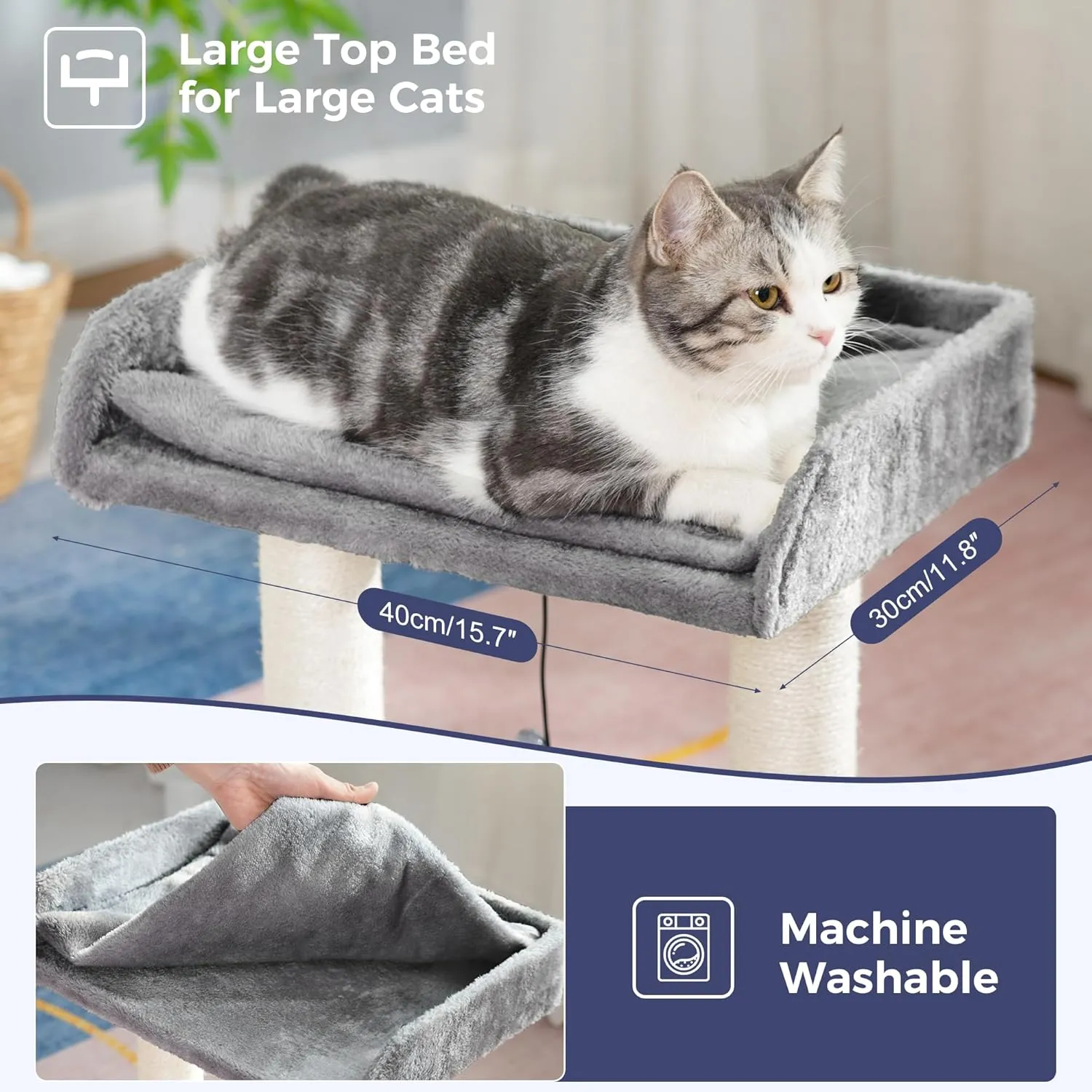 Cat Scratching Post Small Cat Tree with Cat Self Groomer, 15.7x13.7 Wide Top Bed, Natural Scratch Post and Danging Ball Great for Kittens and Average Indoor Cats-Medium Grey