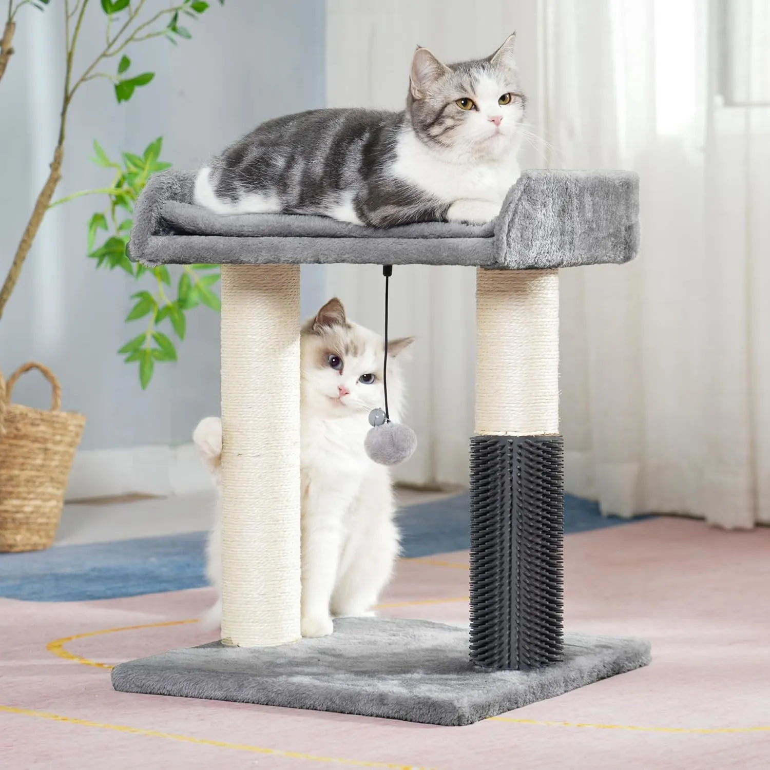 Cat Scratching Post Small Cat Tree with Cat Self Groomer, 15.7x13.7 Wide Top Bed, Natural Scratch Post and Danging Ball Great for Kittens and Average Indoor Cats-Medium Grey