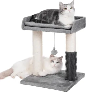 Cat Scratching Post Small Cat Tree with Cat Self Groomer, 15.7x13.7 Wide Top Bed, Natural Scratch Post and Danging Ball Great for Kittens and Average Indoor Cats-Medium Grey