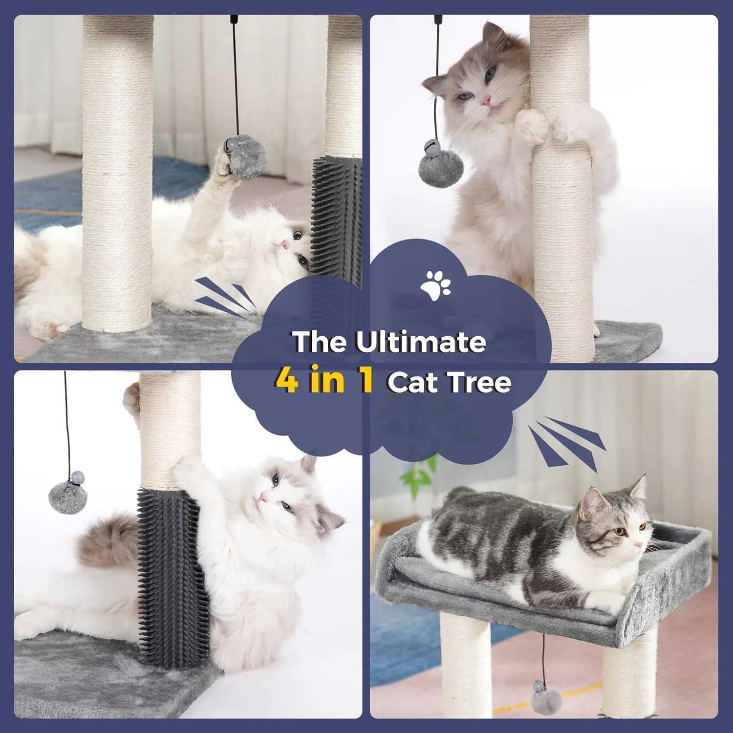 Cat Scratching Post Small Cat Tree with Cat Self Groomer, 15.7x13.7 Wide Top Bed, Natural Scratch Post and Danging Ball Great for Kittens and Average Indoor Cats-Medium Grey