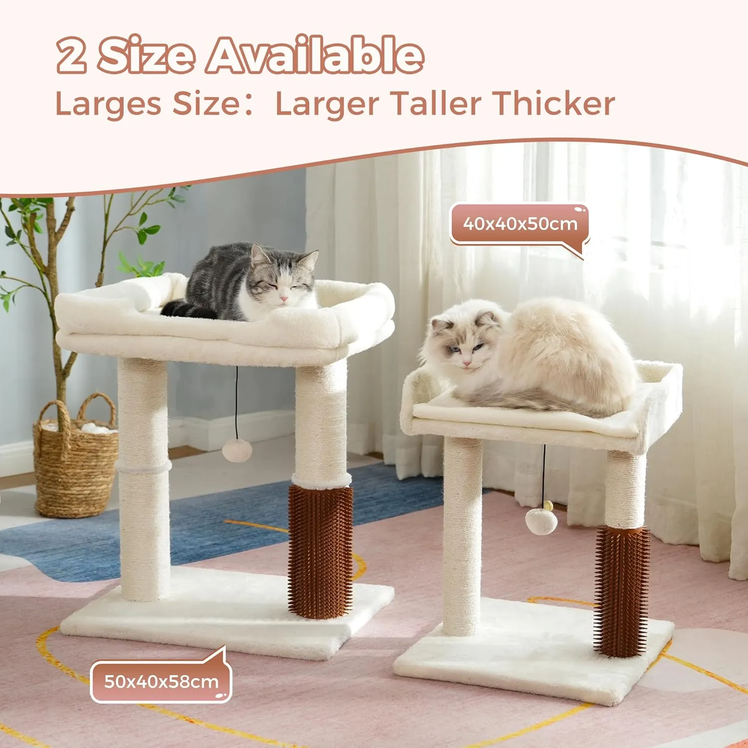 Cat Tree Tower for Large Cats Cat Scratching Post with Cat Self Groomer, 20x15.7Large Top Bed, Thick Scratch Post [Dia=4.5] and Danging Ball Great for Large Indoor Cats-Large Beige