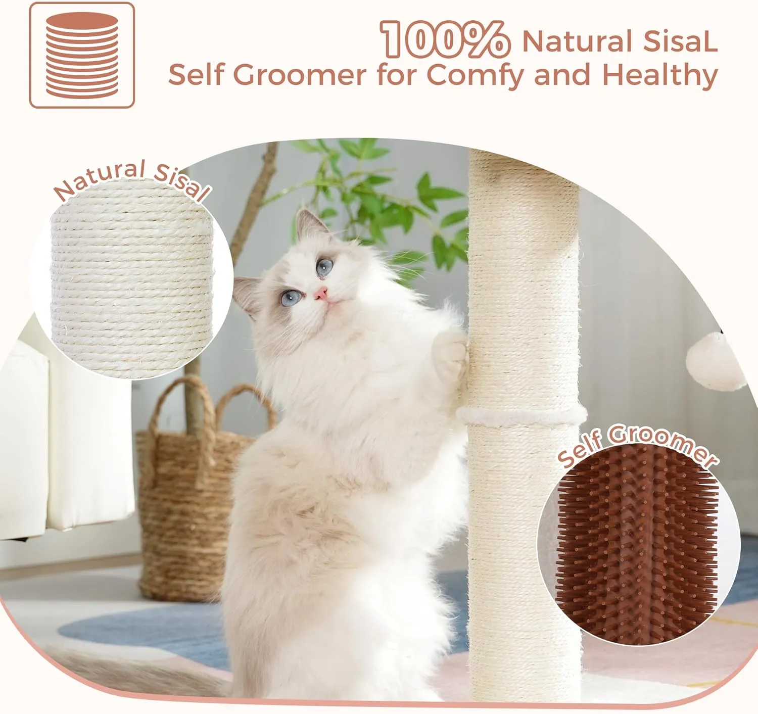 Cat Tree Tower for Large Cats Cat Scratching Post with Cat Self Groomer, 20x15.7Large Top Bed, Thick Scratch Post [Dia=4.5] and Danging Ball Great for Large Indoor Cats-Large Beige