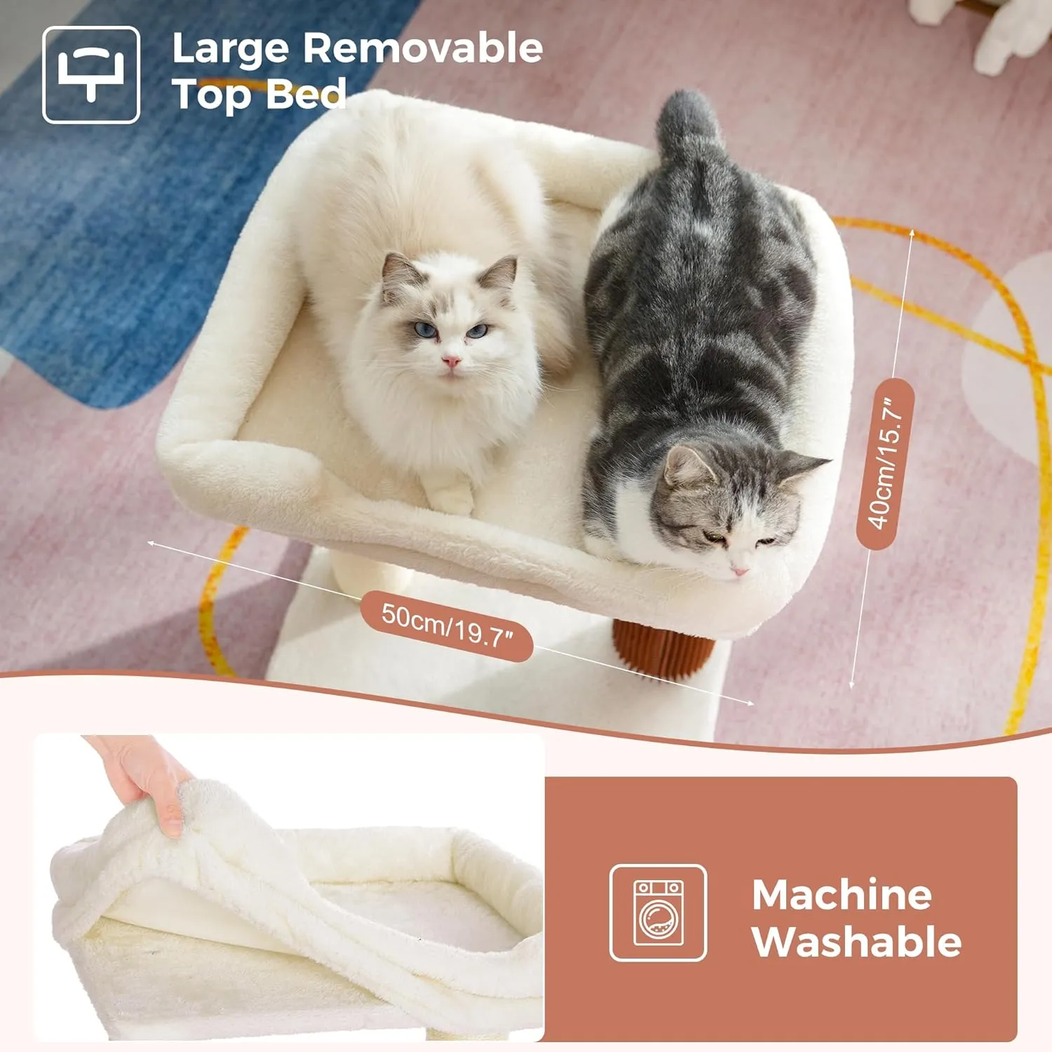 Cat Tree Tower for Large Cats Cat Scratching Post with Cat Self Groomer, 20x15.7Large Top Bed, Thick Scratch Post [Dia=4.5] and Danging Ball Great for Large Indoor Cats-Large Beige