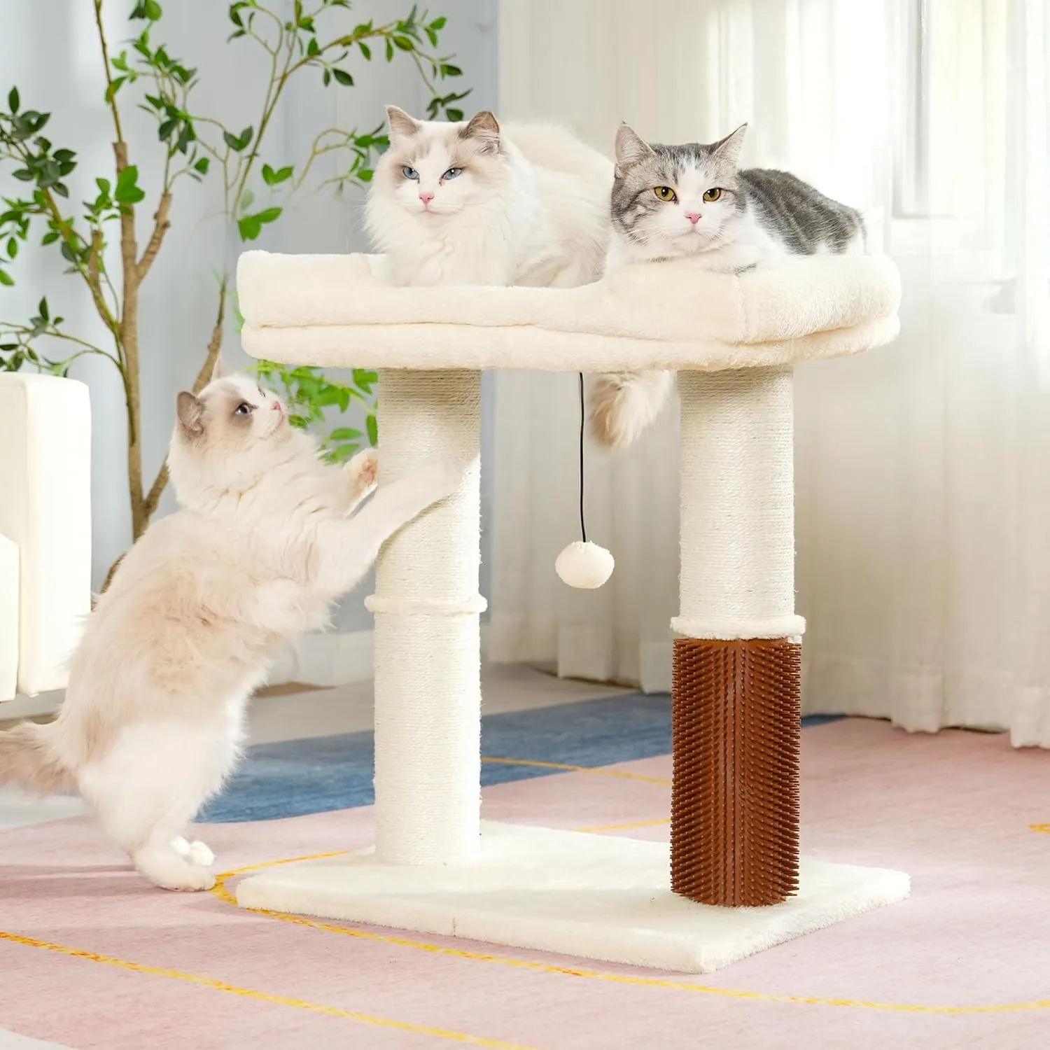 Cat Tree Tower for Large Cats Cat Scratching Post with Cat Self Groomer, 20x15.7Large Top Bed, Thick Scratch Post [Dia=4.5] and Danging Ball Great for Large Indoor Cats-Large Beige