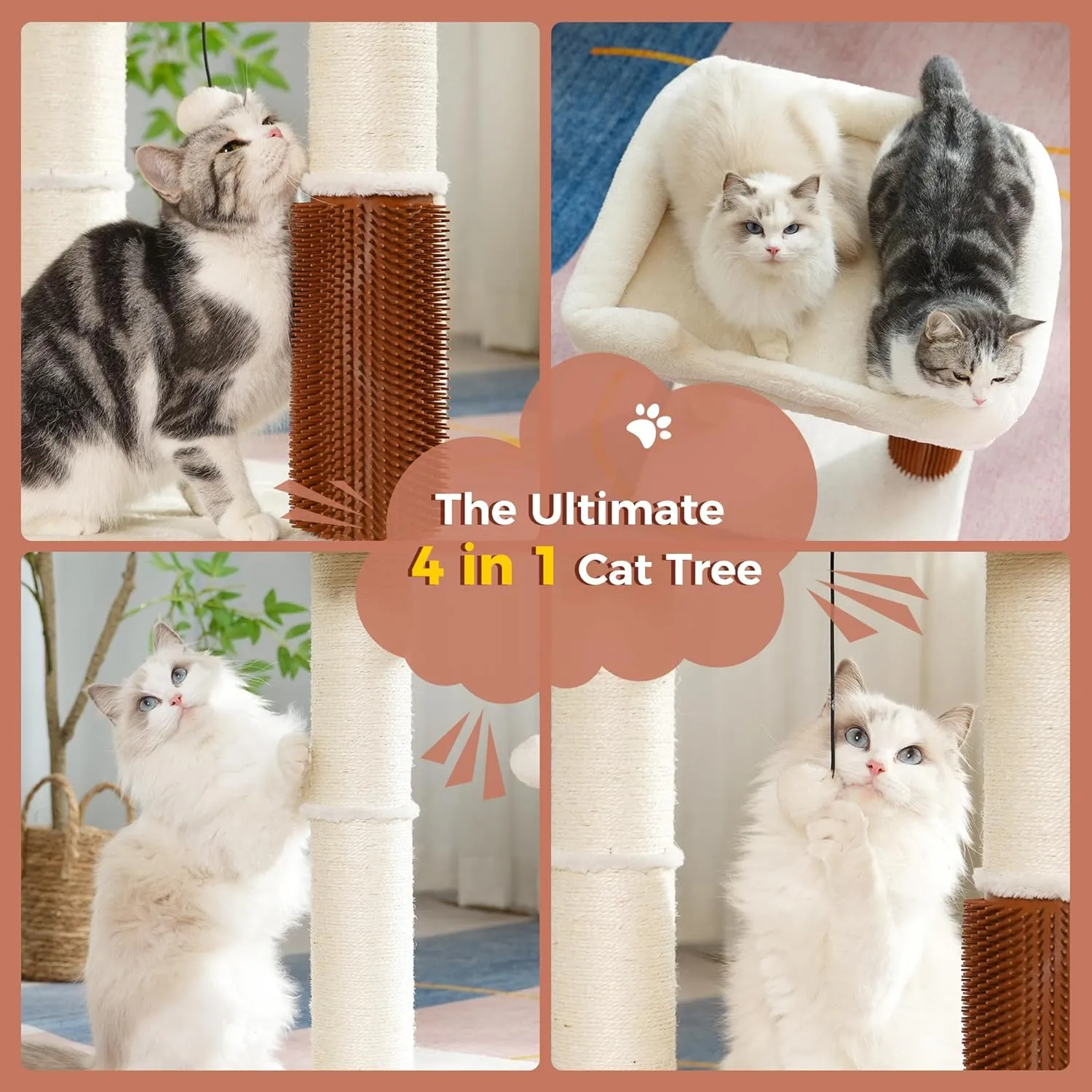 Cat Tree Tower for Large Cats Cat Scratching Post with Cat Self Groomer, 20x15.7Large Top Bed, Thick Scratch Post [Dia=4.5] and Danging Ball Great for Large Indoor Cats-Large Beige