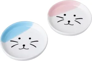 Ceramic Shallow Cat Food Dish, Cat Wet Food and Raw Meat Flat Cat Bowls; Stress Relief of Whisker Fatigue Cat Dishes, Wide Plate for Kittens Small Animals Munchkin Cat Set of 2