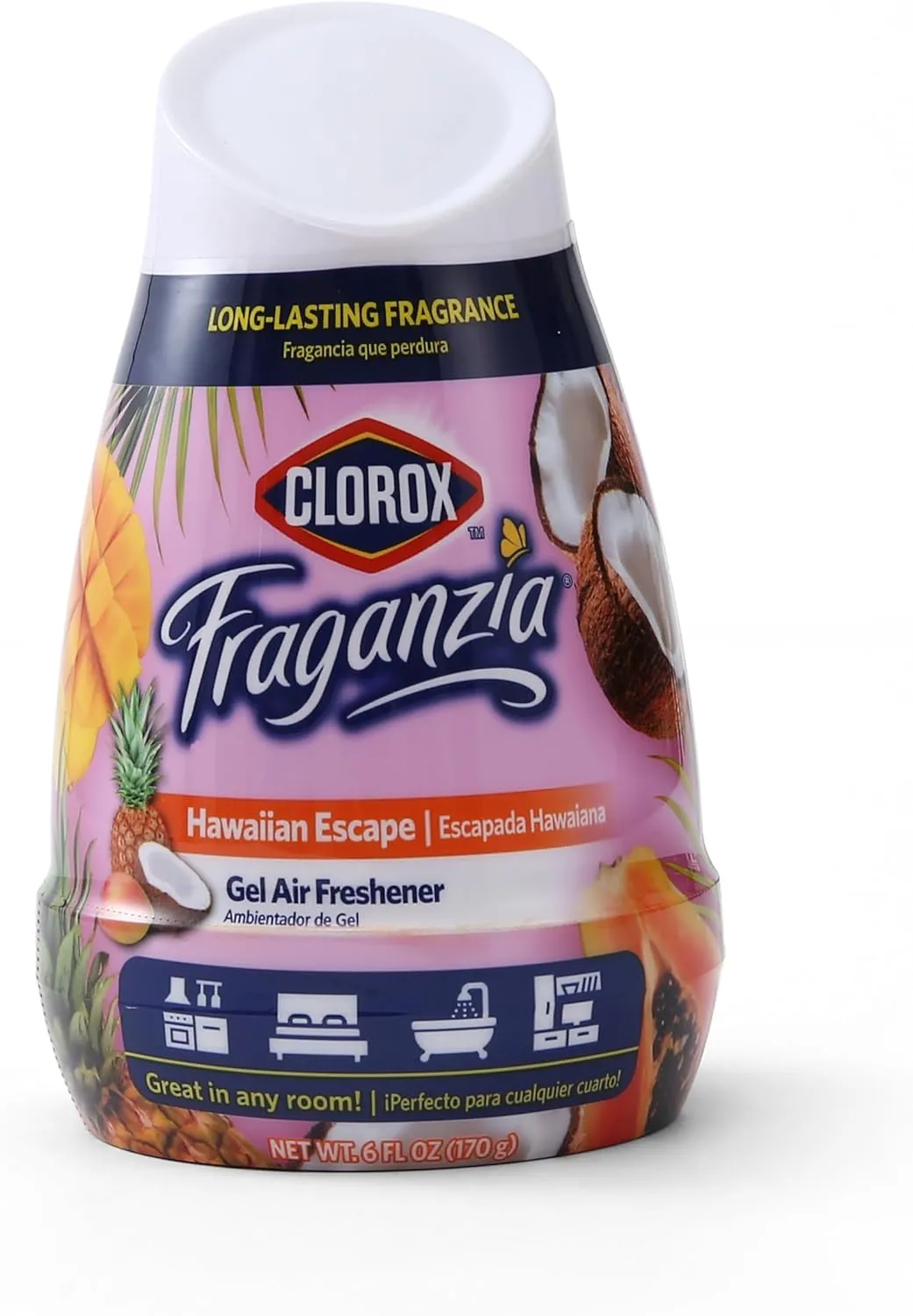 Clorox Fraganzia Gel Air Freshener Cone in Hawaiian Escape Scent, 6oz | No-Plug, Battery-Free Air Freshener for Small Rooms, Closets, Kitchens, Bathrooms, Offices and More