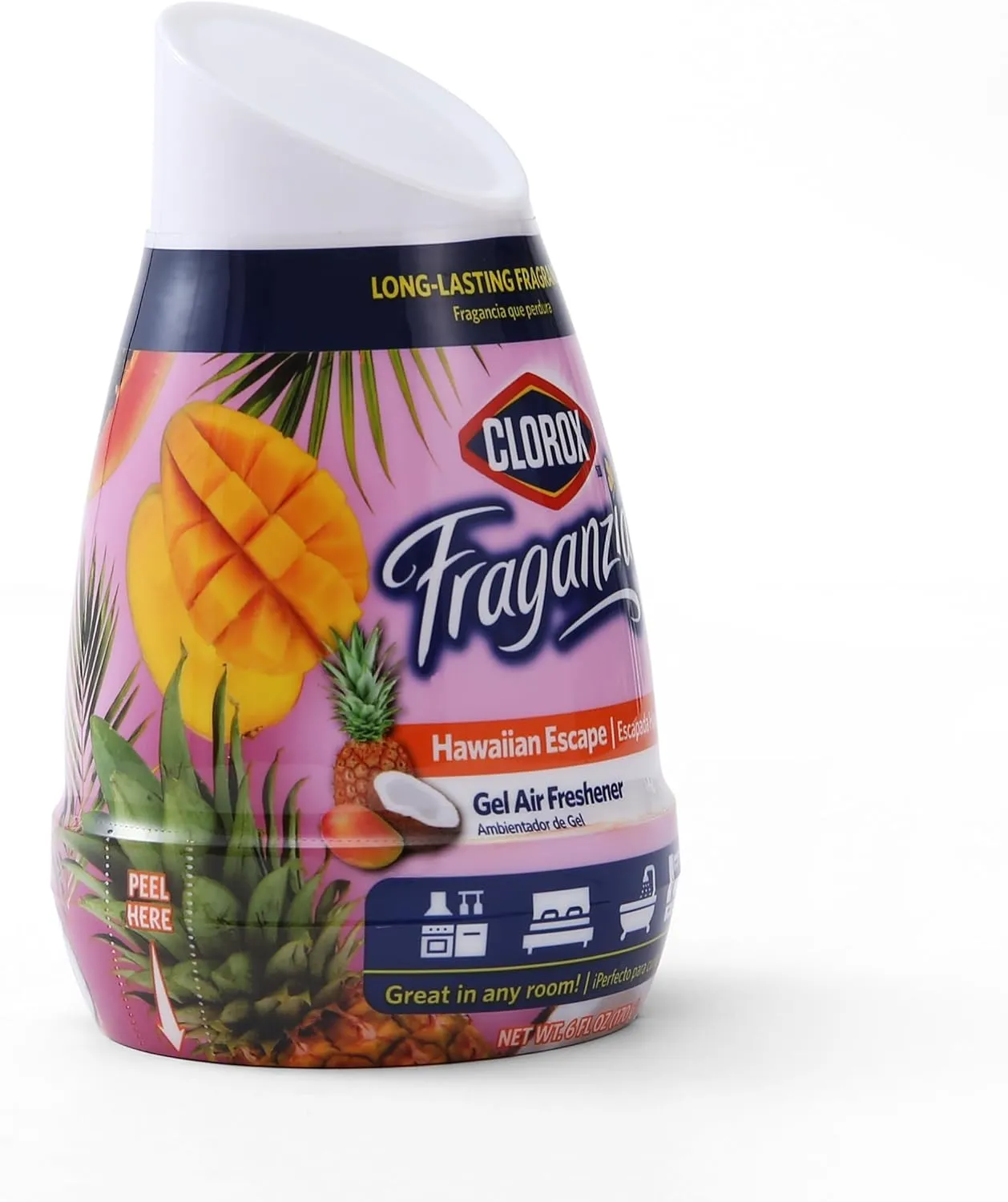 Clorox Fraganzia Gel Air Freshener Cone in Hawaiian Escape Scent, 6oz | No-Plug, Battery-Free Air Freshener for Small Rooms, Closets, Kitchens, Bathrooms, Offices and More