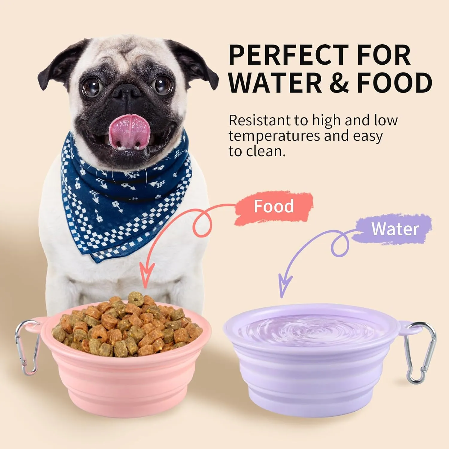Collapsible Dog Bowls 2-Pack, Portable Travel Dog Bowl with Carabiner, Food-Grade Silicone Pet Bowl for Hiking, Walking (Macaron Pink and Violet)