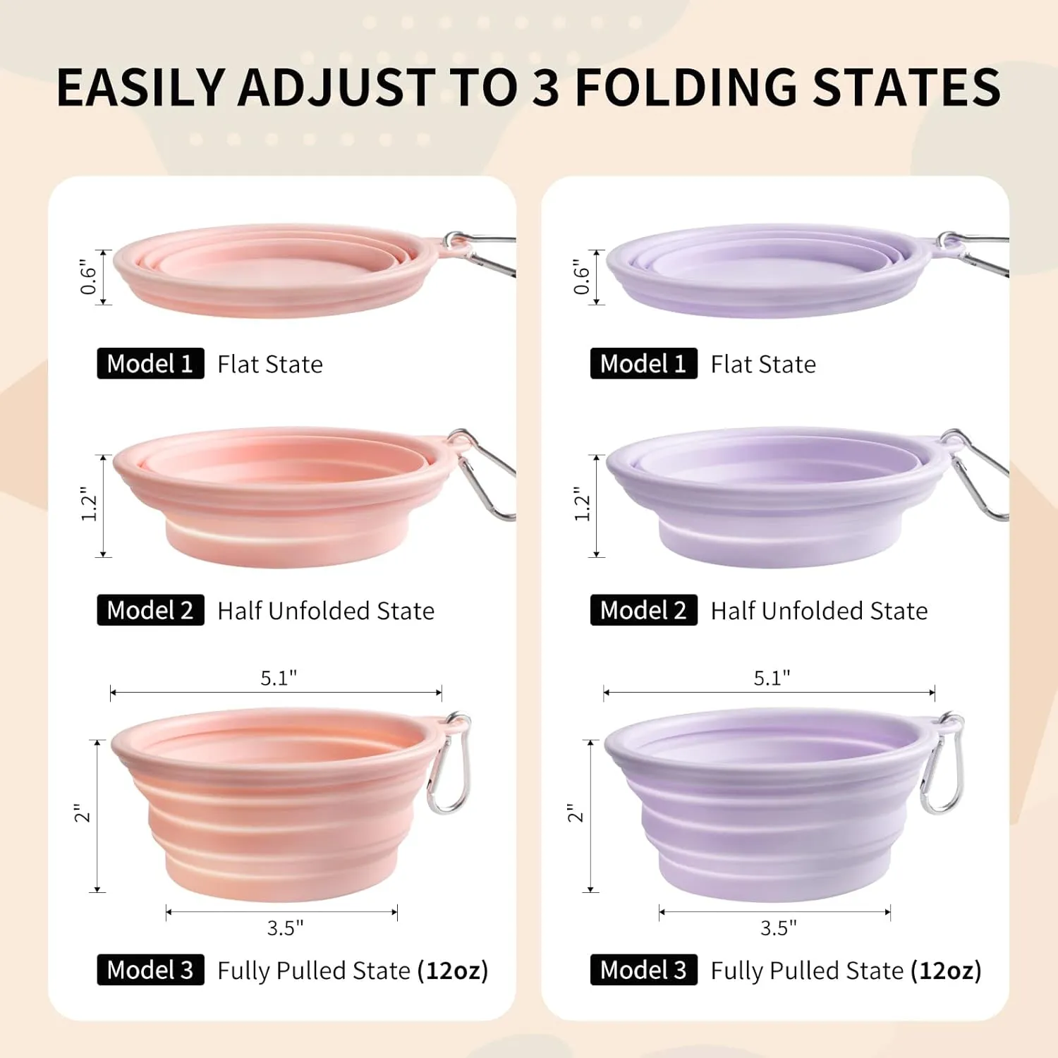 Collapsible Dog Bowls 2-Pack, Portable Travel Dog Bowl with Carabiner, Food-Grade Silicone Pet Bowl for Hiking, Walking (Macaron Pink and Violet)