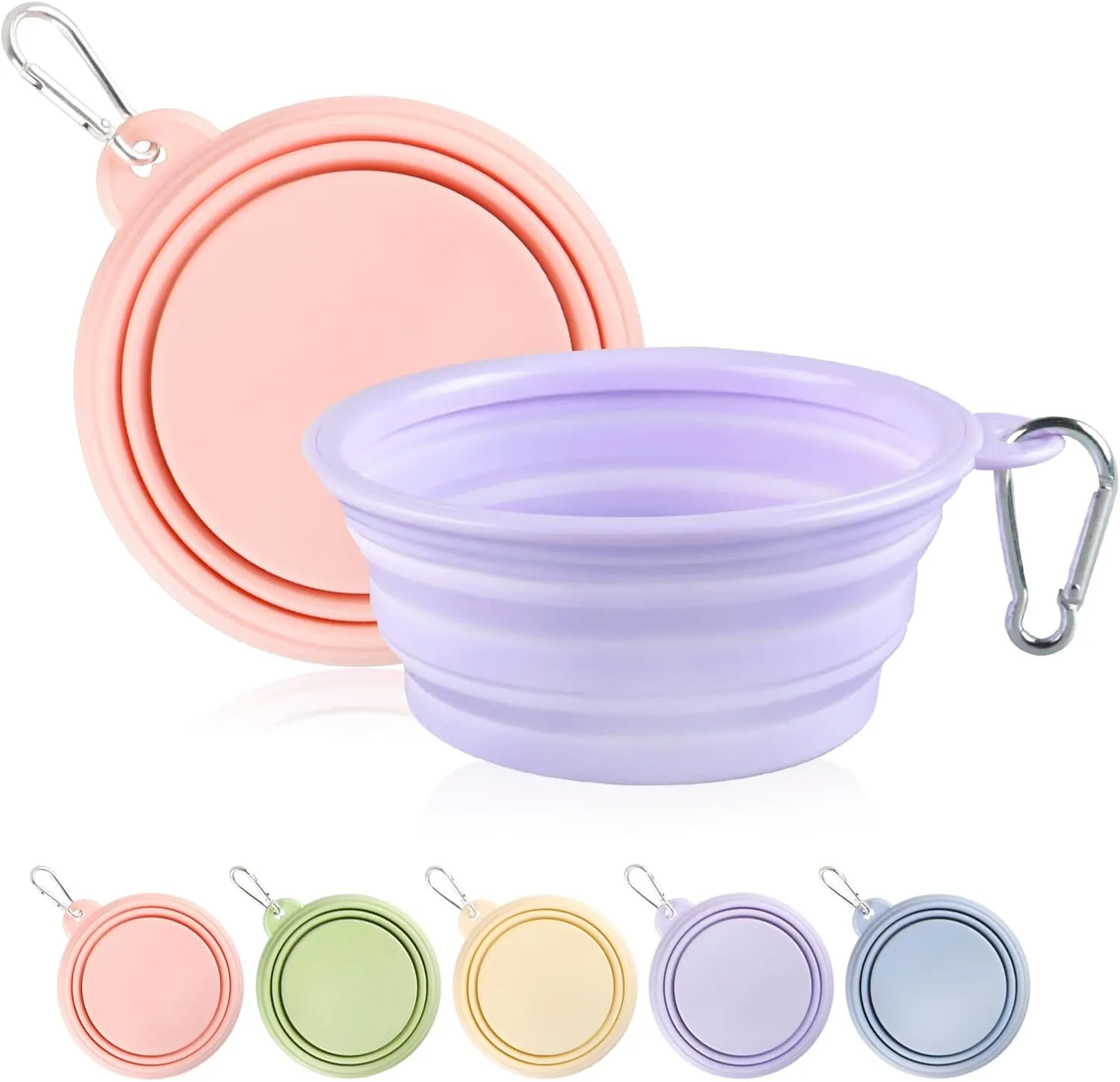 Collapsible Dog Bowls 2-Pack, Portable Travel Dog Bowl with Carabiner, Food-Grade Silicone Pet Bowl for Hiking, Walking (Macaron Pink and Violet)