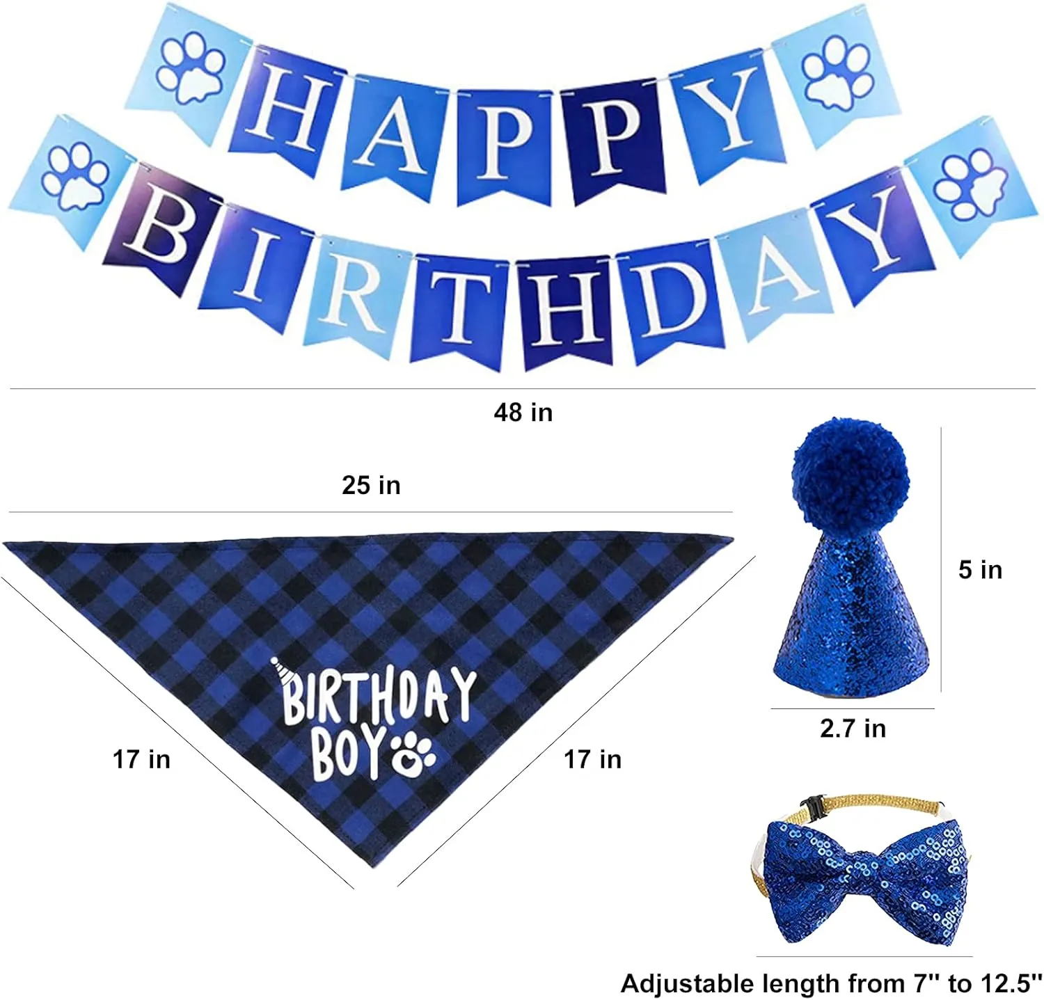 Dog Bandana Hat Scarf Set, Happy Birthday Banner with Cute Dog Bow Tie Collar Boy Girl Puppy Hat Classic Plaid Design (Blue)