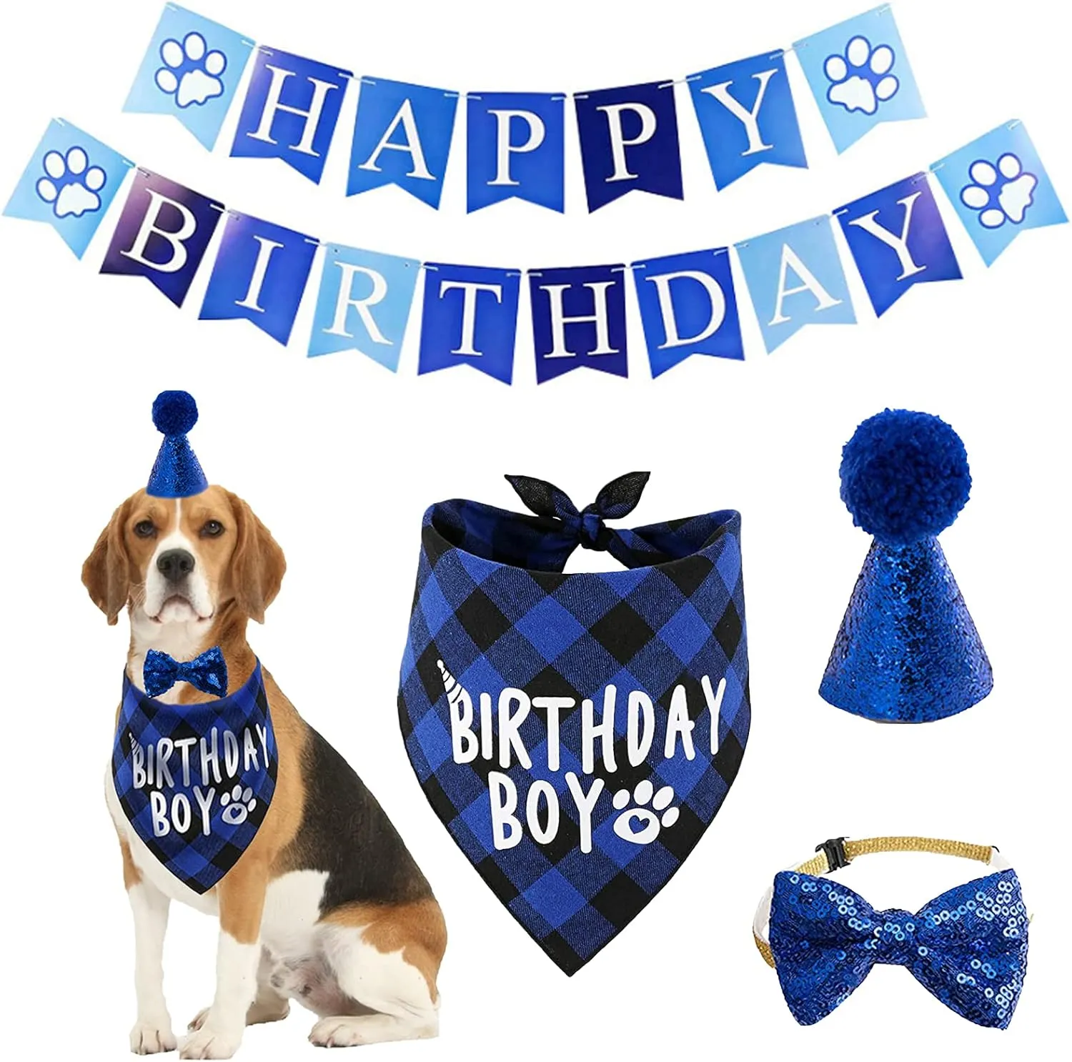Dog Bandana Hat Scarf Set, Happy Birthday Banner with Cute Dog Bow Tie Collar Boy Girl Puppy Hat Classic Plaid Design (Blue)