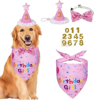 Dog Birthday Bandana Set, Dog Cat Birthday Party Supplies Boy Girl Birthday Party Hat Bow Tie Collar Set with Number for Large Medium Small Pet (Pink)