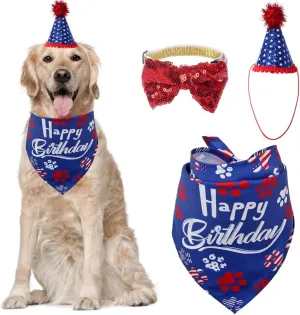 Dog Birthday Bandana with Party Hat Bow Pet Birthday Set Triangle Scarf Supplies Blue for Boy Puppy