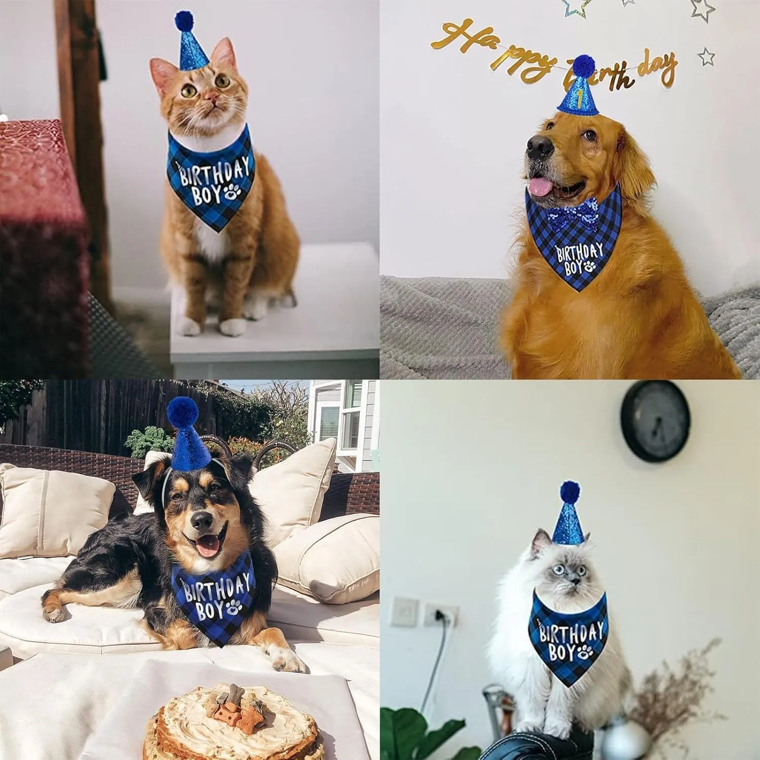 Dog Birthday Party Supplies Dog Birthday Set Boy Girl Bandana Triangle Scarf Clothes Shirt Cute Dog Bow Tie Collar Dog Hat with 0-8 Numbers (Blue)