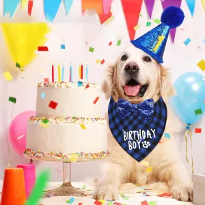 Dog Birthday Party Supplies Dog Birthday Set Boy Girl Bandana Triangle Scarf Clothes Shirt Cute Dog Bow Tie Collar Dog Hat with 0-8 Numbers (Blue)