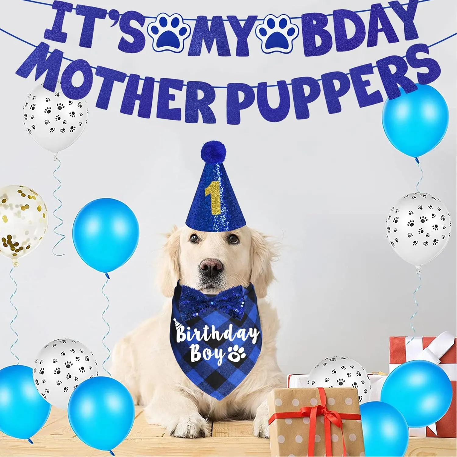 Dog Birthday Party Supplies, Multi Sizes Dog Birthday Hat with Numbers Bandana Bow Tie Its My Bday Mother Puppers Sign Banner for Large X-Large Dogs Pets (X-Large, Blue)