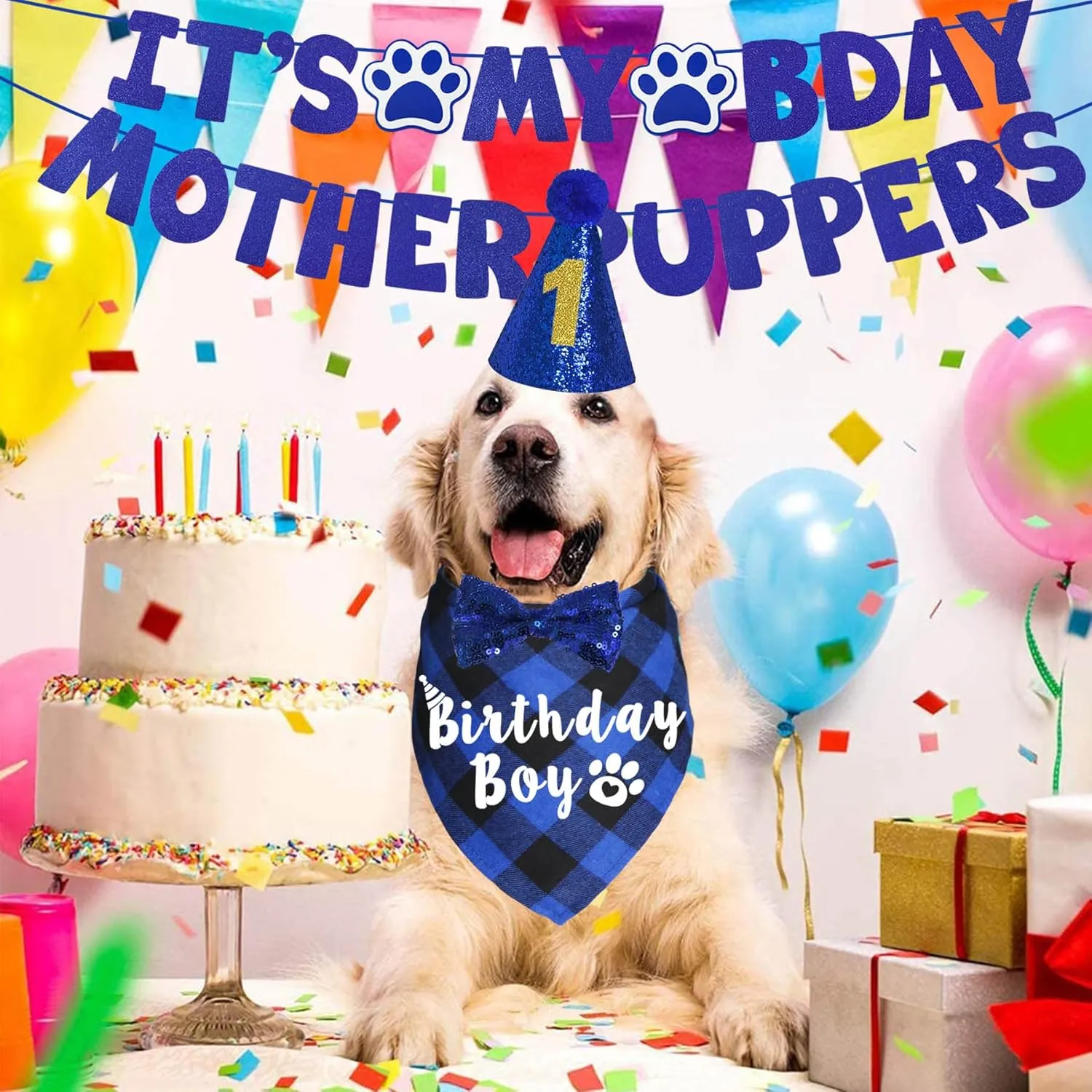 Dog Birthday Party Supplies, Multi Sizes Dog Birthday Hat with Numbers Bandana Bow Tie Its My Bday Mother Puppers Sign Banner for Large X-Large Dogs Pets (X-Large, Blue)