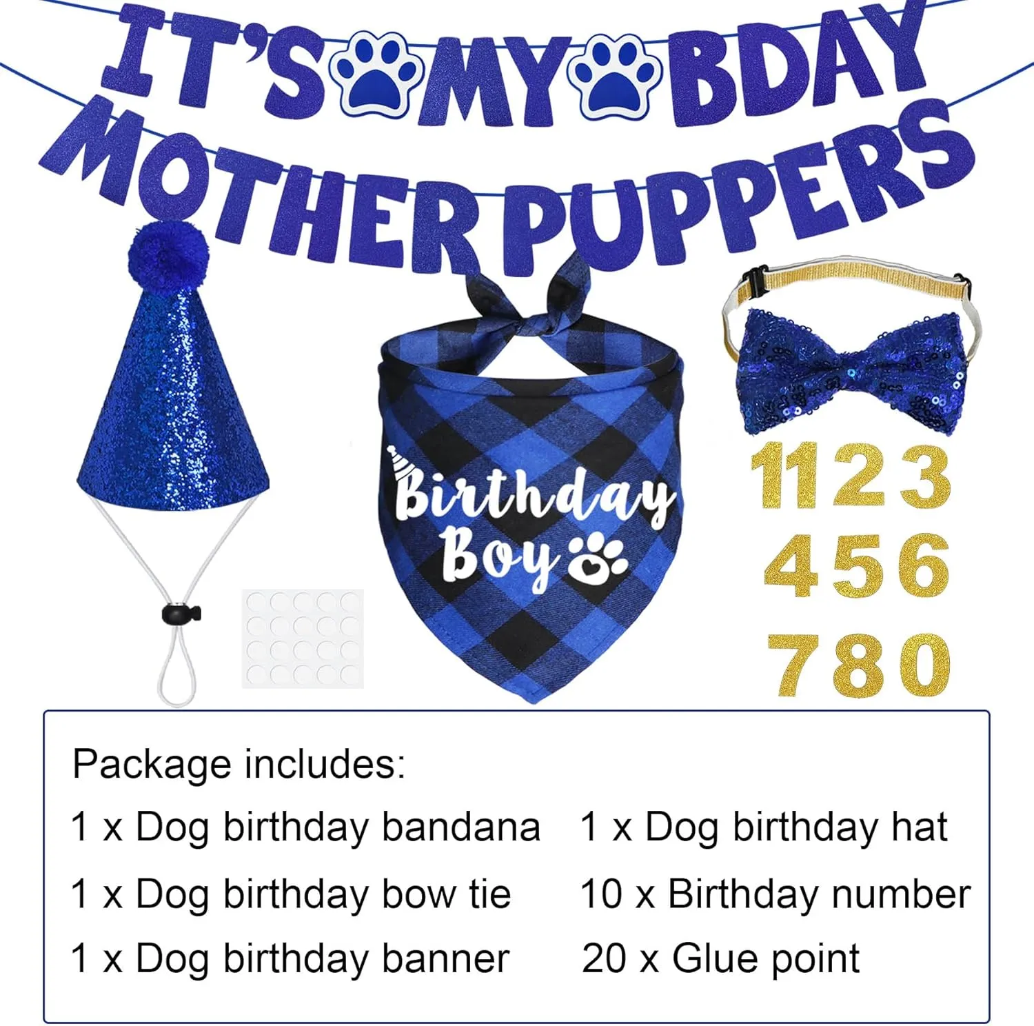 Dog Birthday Party Supplies, Multi Sizes Dog Birthday Hat with Numbers Bandana Bow Tie Its My Bday Mother Puppers Sign Banner for Large X-Large Dogs Pets (X-Large, Blue)
