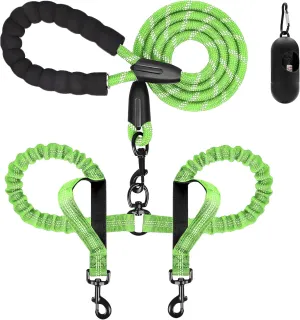 Dog Leash, Double Dog Leash for Two Dogs, Heavy Duty Adjustable Dual Dog Leash No Tangle, Bungee Retractable Split Multiple Leash for Walking 2 Dogs, Dog Poop Bags Trip Essentials (5.5FT-1/2, Green)